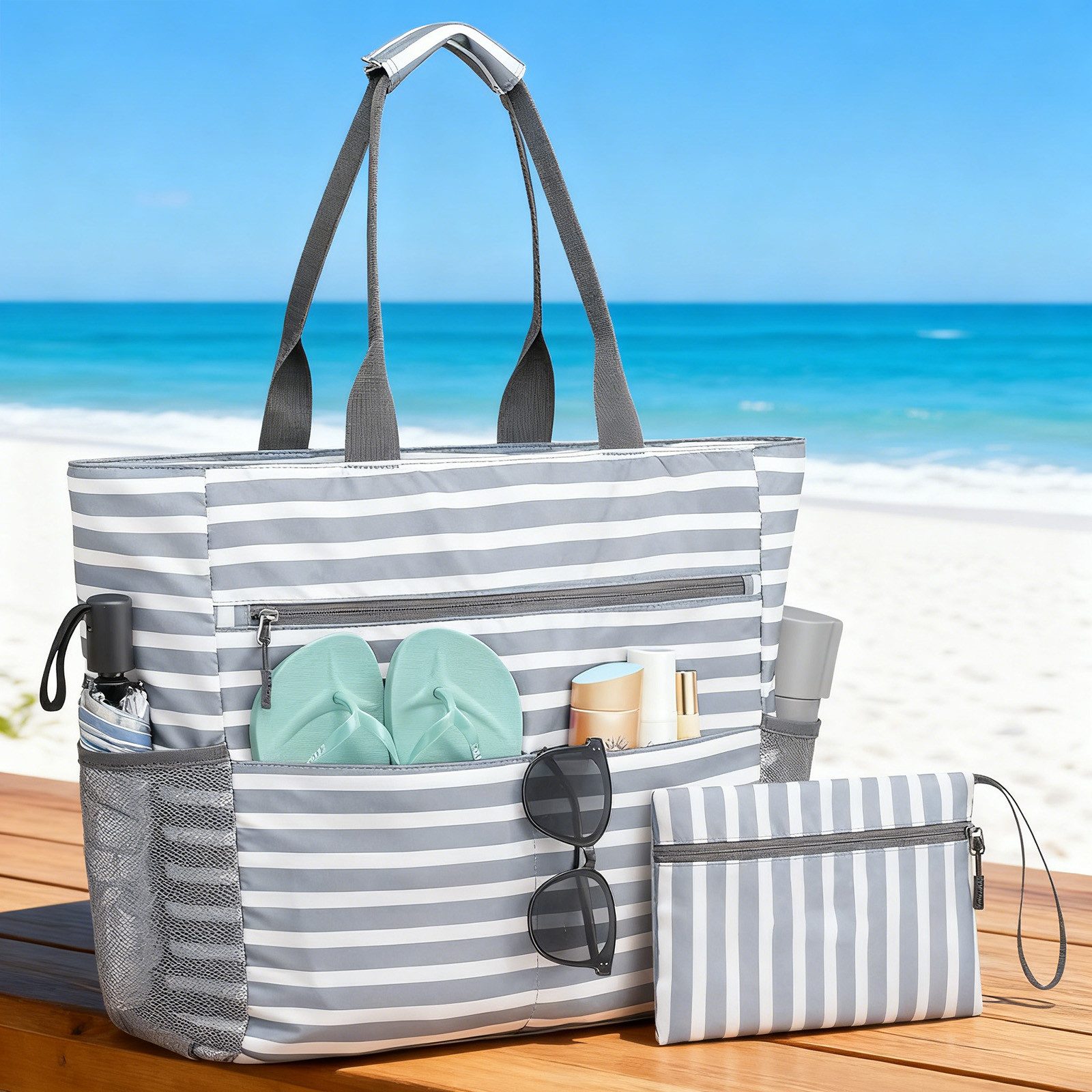 REDOM Schultertasche Reise Umhängetasche Reisetasche Strandtasche Handtasche (42 × 15 × 39 cm mit kleiner Tasche, 1-tlg., Canvas Shopper mit Reißverschluss separatem Innenfach leicht robust), Ideal für Strand Schwimmbad Einkaufen Picknick Freizeitaktivitäten