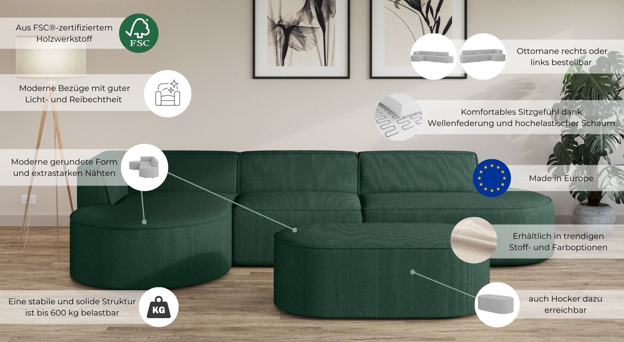 OTTO home Ecksofa EIVIND Designer Sofa mit Ottomane rechts/links, B/T/H: 343/159/72 cm, L-Form mit Wellenunterfederung, auch in Feincord und Bouclé