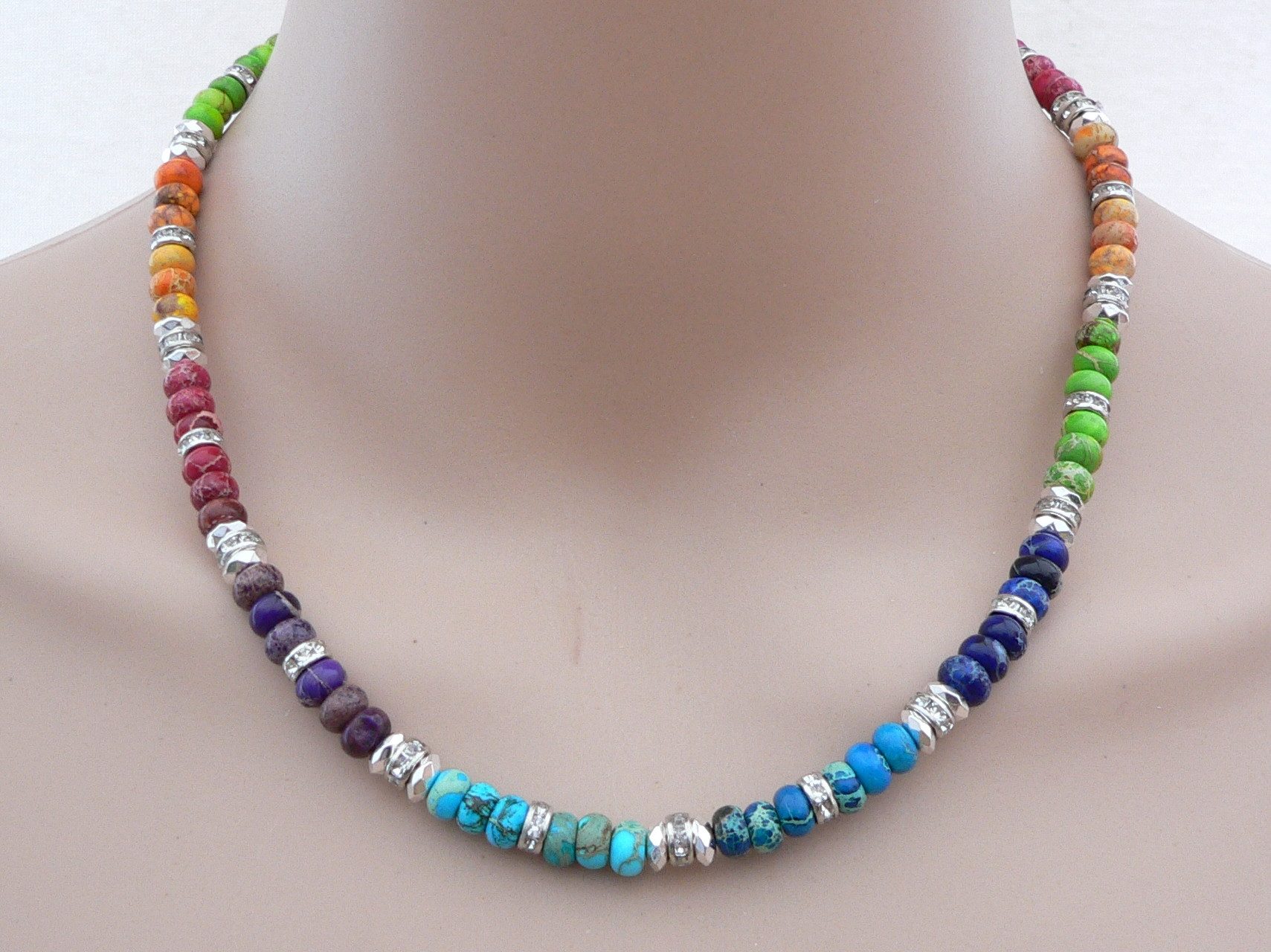 traumschmuck Collier 042a Collier Edelstein Imperial Jaspis Rondell Strass bunt mehrfarbig (inkl Schmuckbox), handgefertigt, verstellbare Gesamtlänge, einreihig