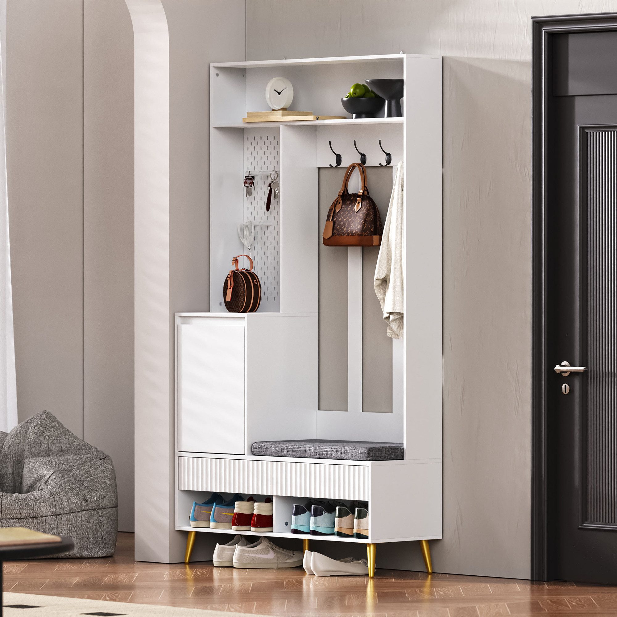 MODFU Garderoben-Set für Ihren Eingangsbereich, (Garderoben-Set mit Schuhbank und 4 Kleiderhaken, 2 Schubladen, Aufbewahrungsschrank,Komplettes Flur-Set., 1-St., mit 4 Kleiderhaken, zwei Schubladen und 1 Türen), mit 4 Kleiderhaken, zwei Schubladen und 1 Türen