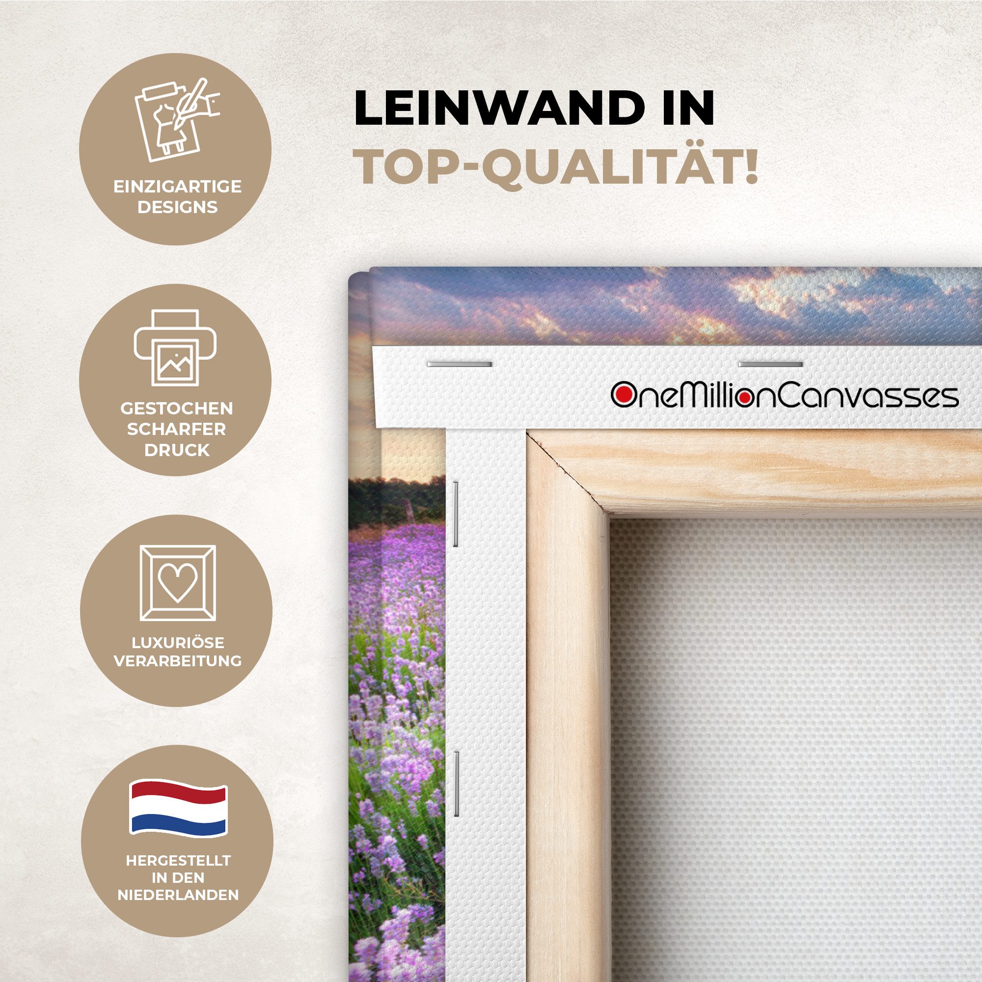 OneMillionCanvasses® Leinwandbild Blumen - Lavendel - Lila - Himmel - Sonnenuntergang - Wiese - Natur, Fotodruck (1 St), Leinwand Bilder Klein, Wand Dekoration Aesthetic 30x20 cm