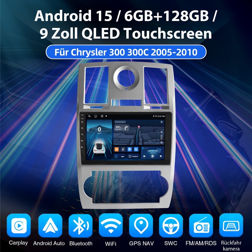 ESSGOO Für Chrysler 300 300C 2005-2010 Android 15 6+128GB QLED Autoradio (RDS, Digitalradio (DAB), FM, AM, Carplay Android Auto 4G LTE WIFI GPS)