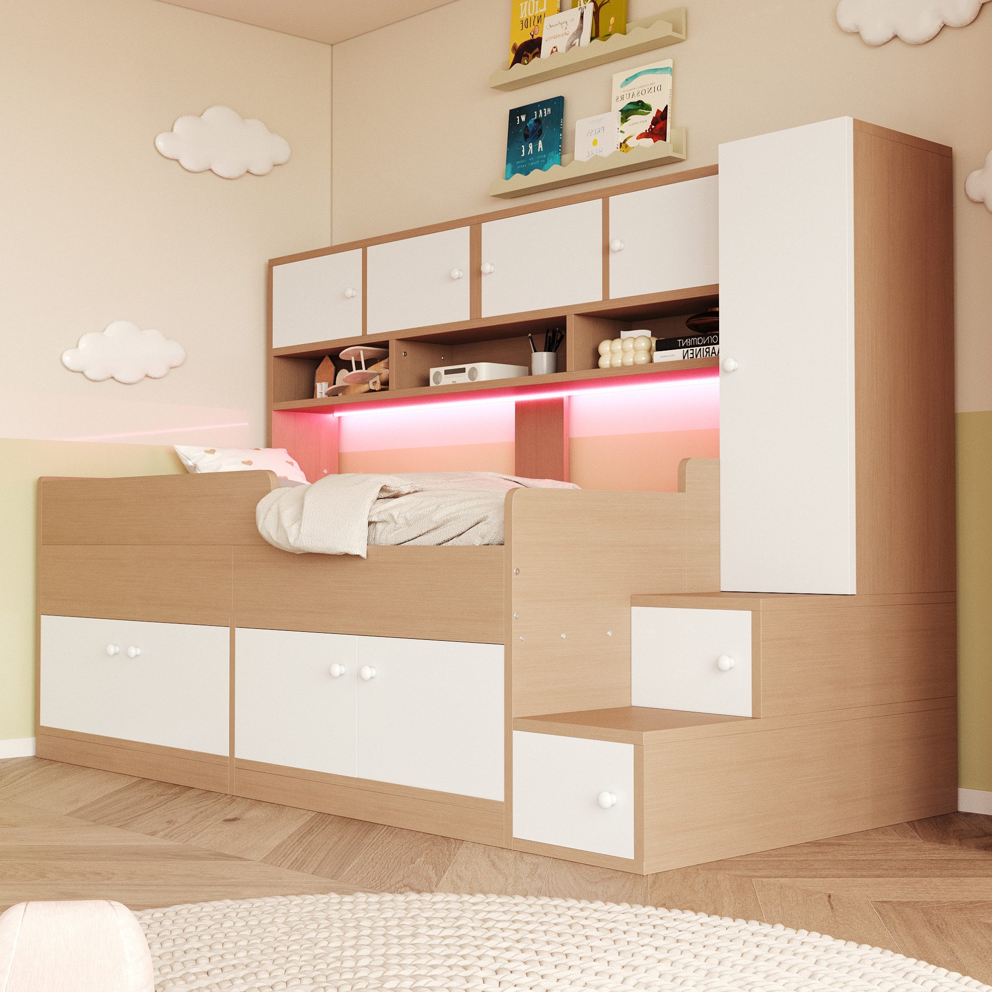 Flieks Kinderbett, Holzbett 90×200cm mit vielem Stauraum Kleiderschrank LED-Beleuchtung