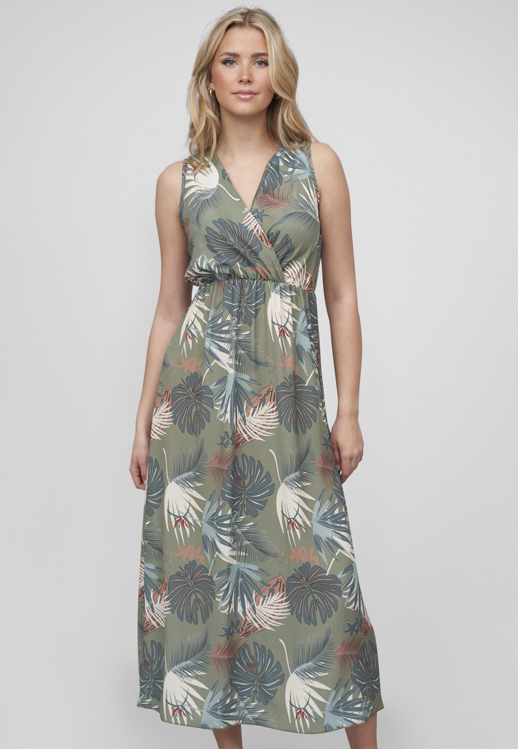 CLOUD 5IVE Shirtkleid CLOUD 5IVE Maxi Kleid in Wickeloptik mit Tropical All Over Print (1-tlg)