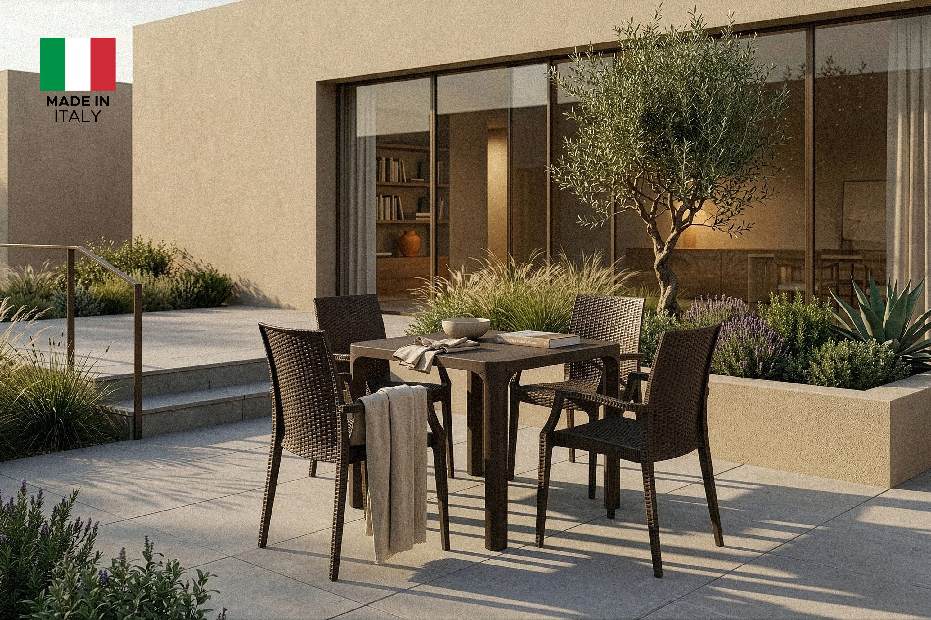 KONSIMO® Garten-Essgruppe LEOPSI, ETULI Gartenmöbel-Set, Premiumware aus Italien, (Stapelbarkeit, pflegeleicht, 5-tlg., 1 Tisch, 4 Stühle mit Armlehnen), Schirmloch in der Tischplatte, aus recycelten Materialien