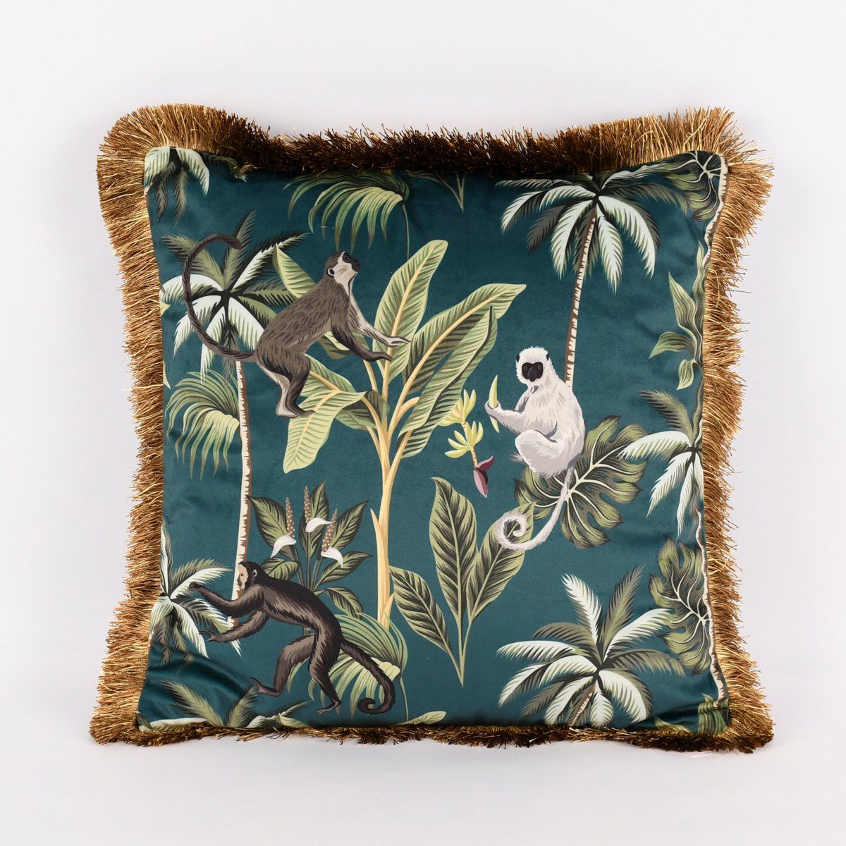 Dekokissen Deko Kissen Samtoptik mit Fransenrand Affen petrol grün beige 45x45cm