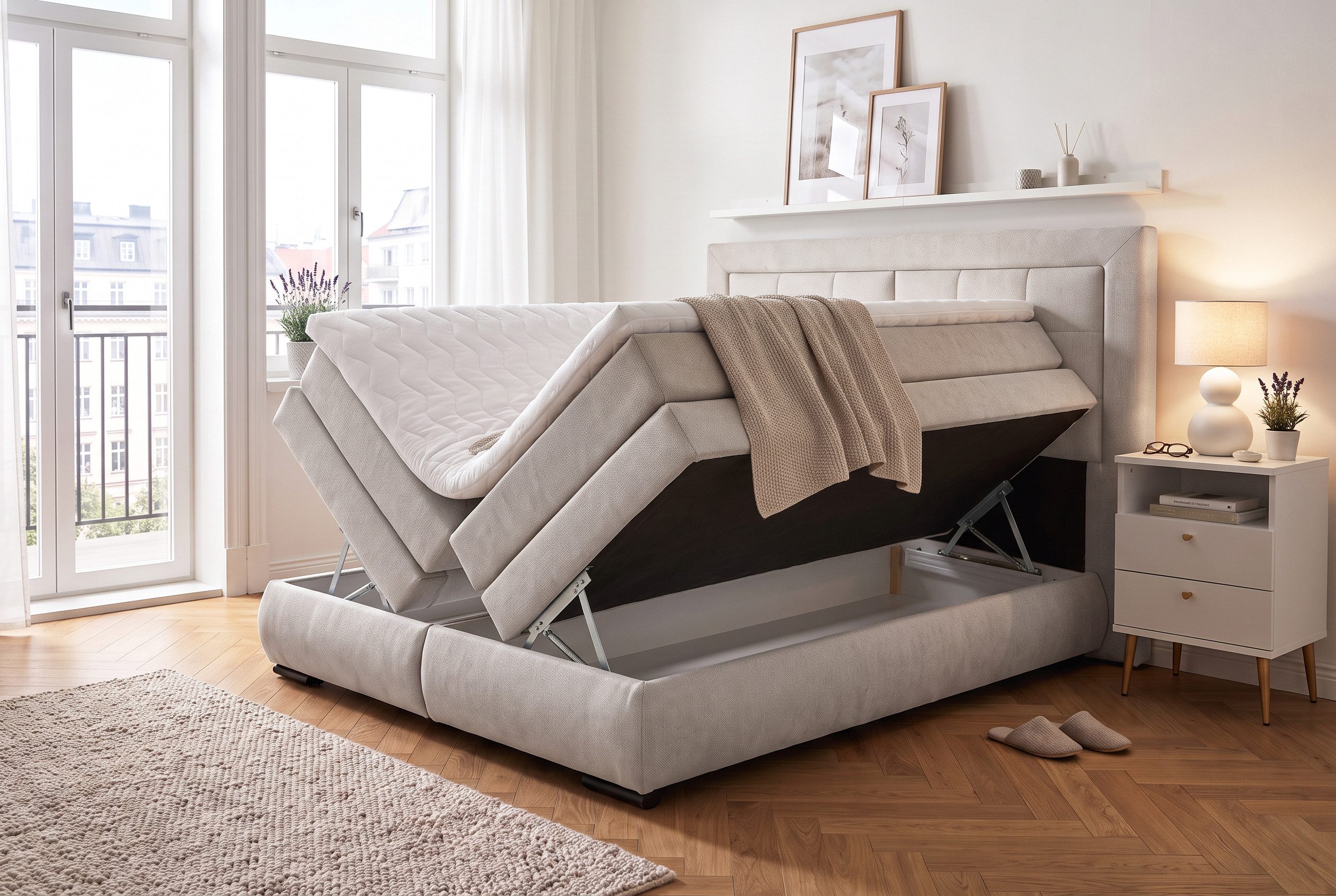 OTTO home Boxspringbett MIVVA mit Bettkasten, mit Taschenfederkernmatratze H3, H3/H4 mix, H4 (mit hochwertigem Strukturstoff, wahlweise mit LED-Leuchten), mit K – Bild 2 von 5