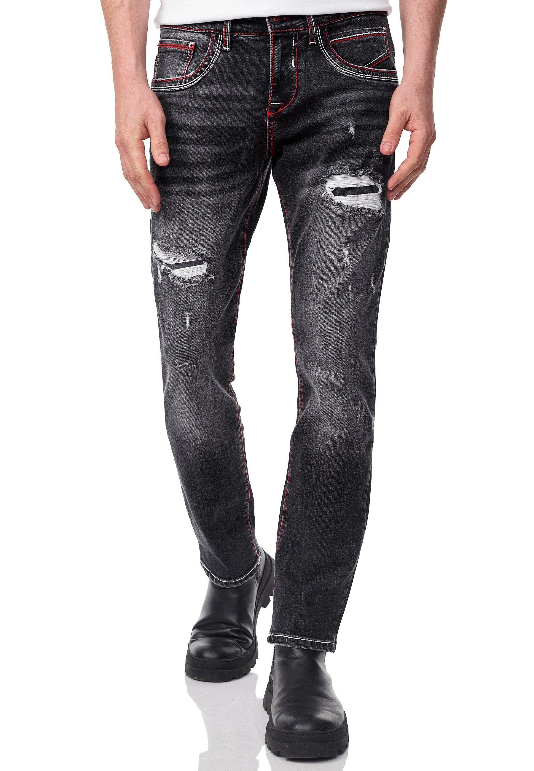 Rusty Neal Straight-Jeans ODAR Mit farblich abgesetzten Ziernähten schwarz