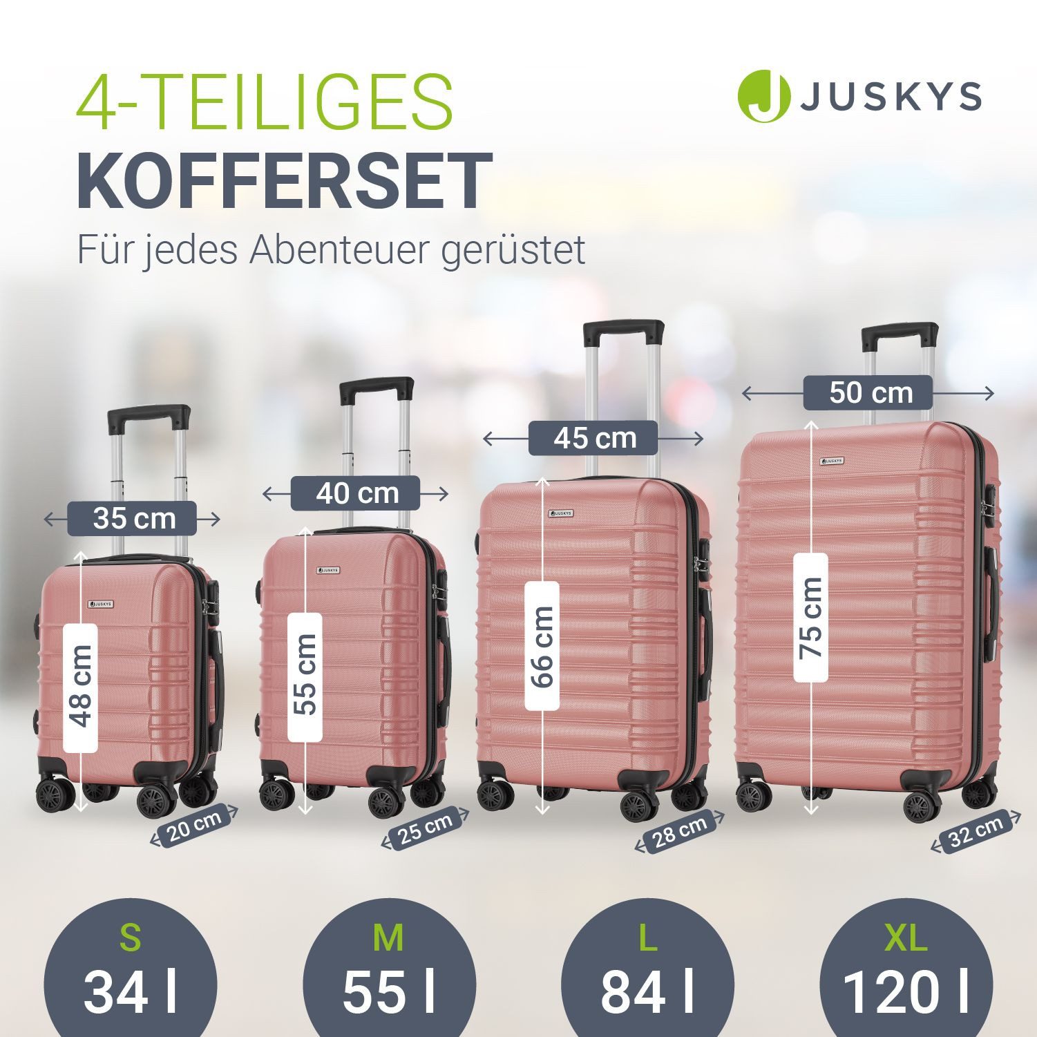 Juskys Trolleyset Rom, 4 Rollen, (4 tlg., 4-teilig), 4 Koffer, 360° Rollen, robuste Hartschale, mit Zahlenschloss