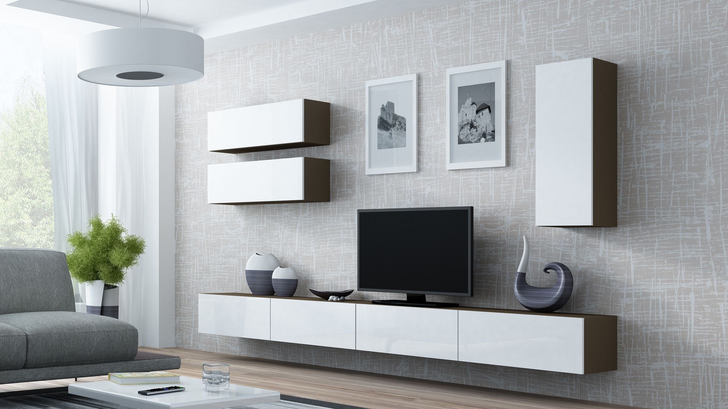 99rooms Wohnwand Vago XIII, (Set (5-St), Wohnmöbel, Wohnzimmer-Set), 2xLowboard und 3xHängeschrank, Hochglanzfronten, mit Push-to-Open