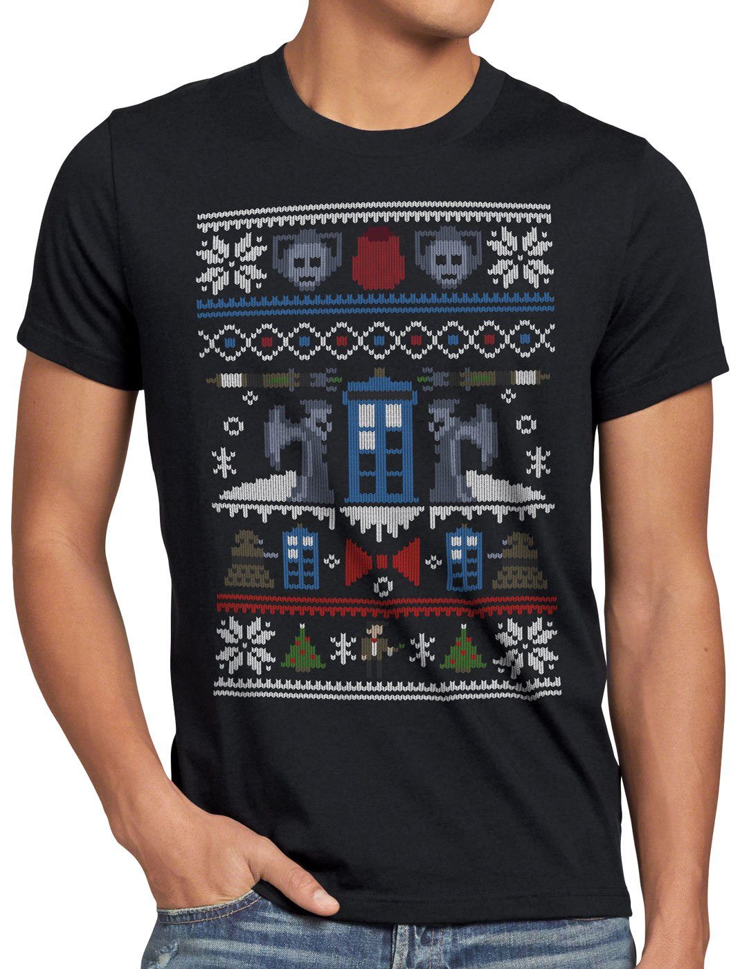 style3 Print-Shirt Herren T-Shirt Time and Space Ugly Sweater zeitreise timelord notrufzelle x-mas pulli weihnachtsbaum