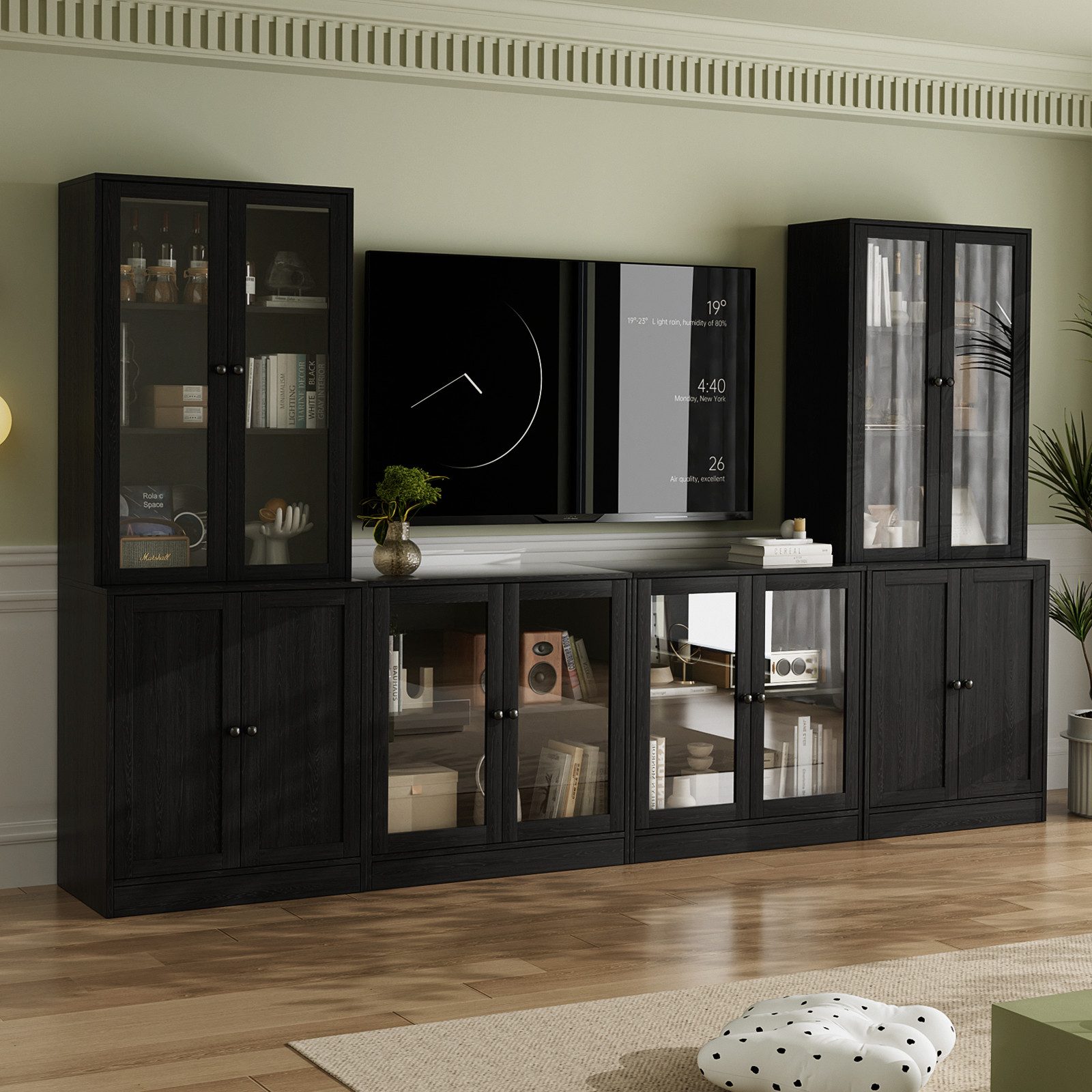 VOWNER TV-Schrank mit Bücherregalen für Fernseher bis zu 70 Zoll, 280 cm TV-Ständer (4-St) Wohnzimmer-Fernsehschrank mit gehärteten Glastüren und Einlegeböden