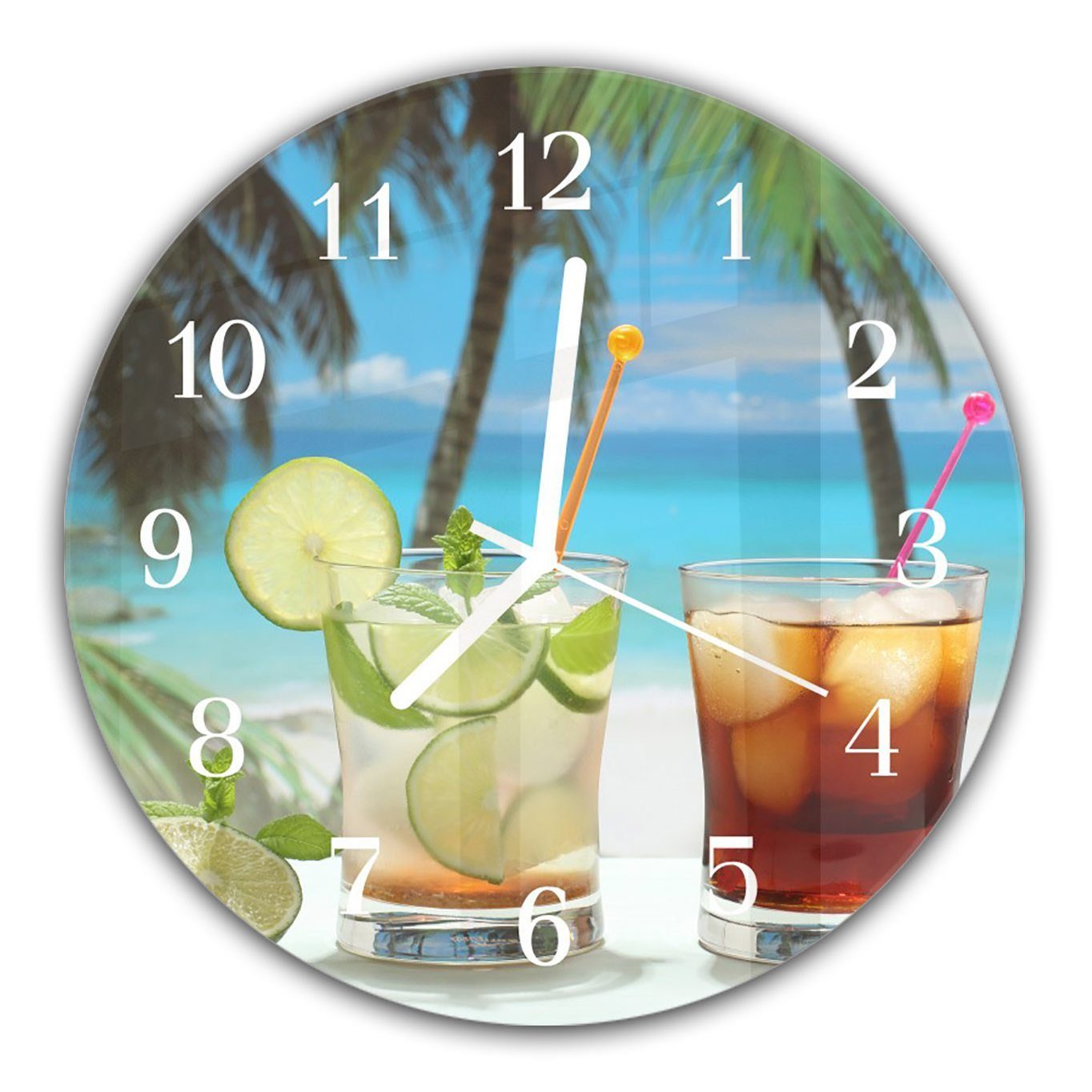 Primedeco Wanduhr Wanduhr aus Glas mit Motiv Cocktails unter Palmen - Rund mit Durchmesser 30 cm und Quarzuhrwerk