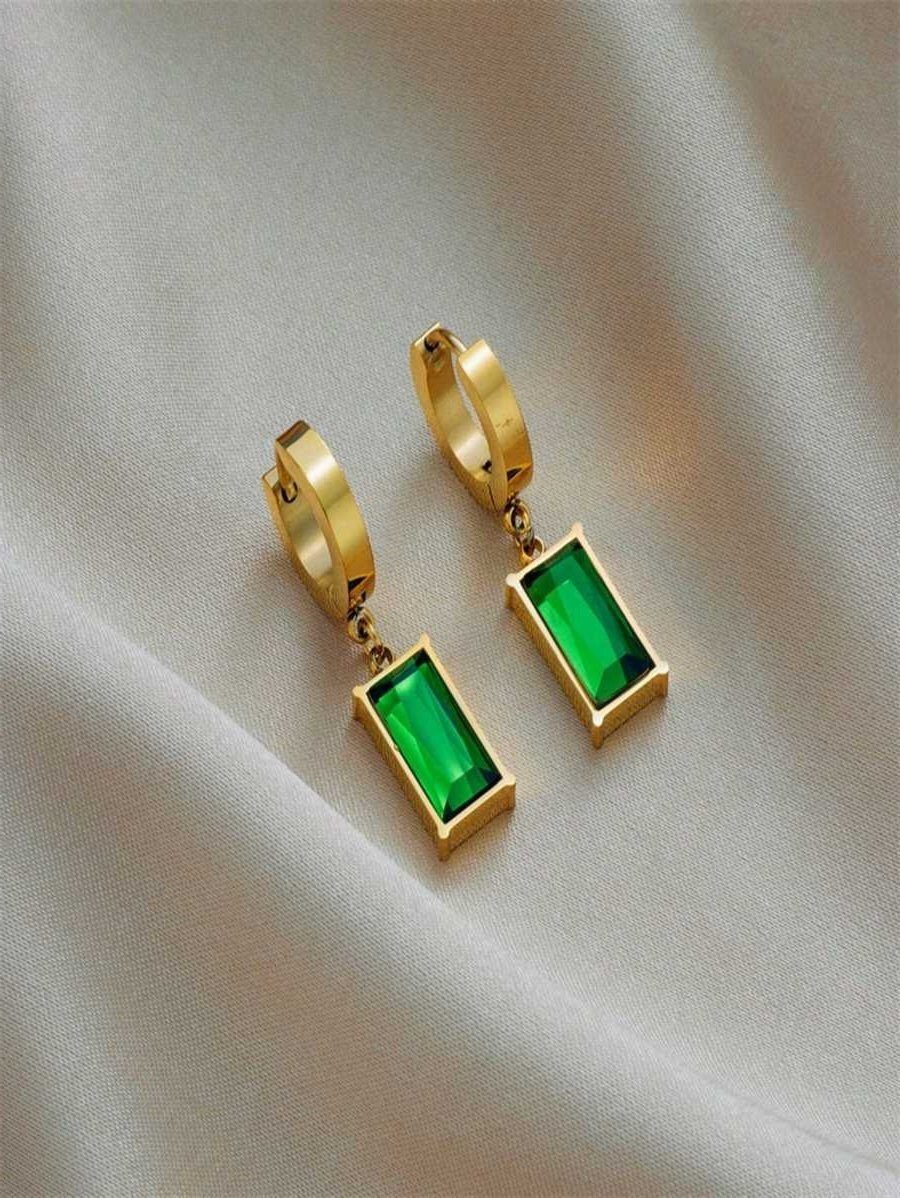 GOLDKLEIN Schmuckset Ohrringe Halskette vergoldeter Edelstahl mit grünem St günstig online kaufen