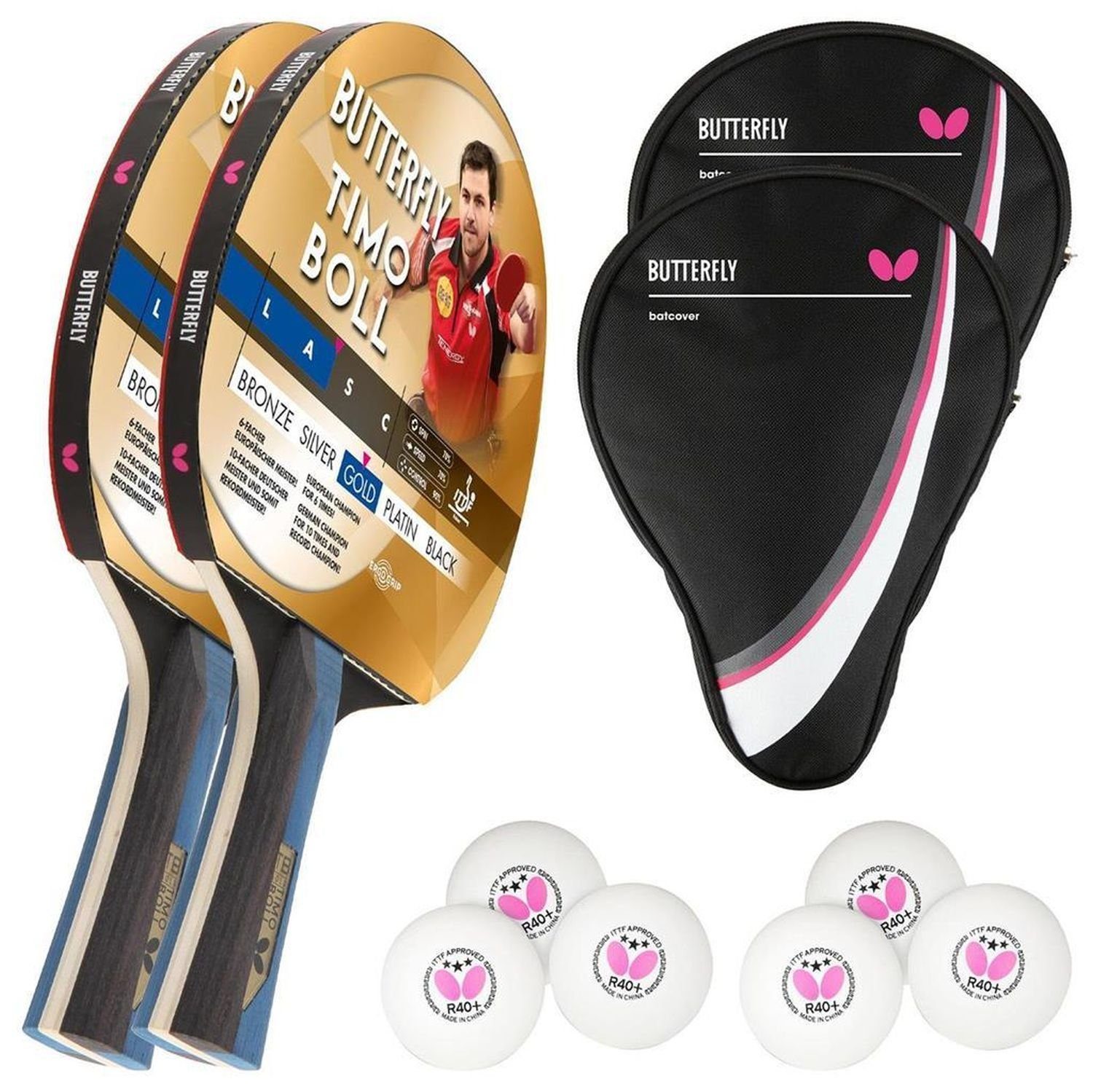 Tischtennisschläger 2x Timo Boll Gold 85021 + Drive Case 1 + Bälle