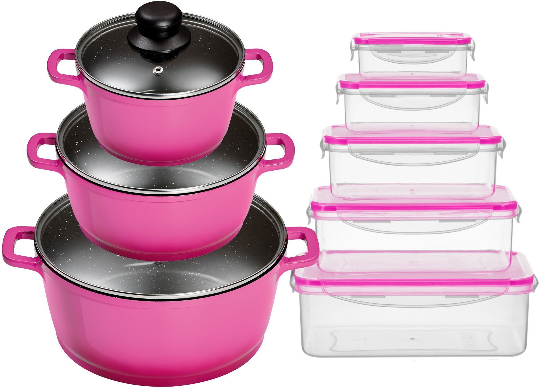 KING Topf-Set ALUGUSS, Aluminiumguss (Set, 16-tlg., je 1 Kochtopf mit Deckel 16/20/24 cm, 5 Vorratsdosen), Glasdeckel, Induktion,Keramikantihaftbeschichtung