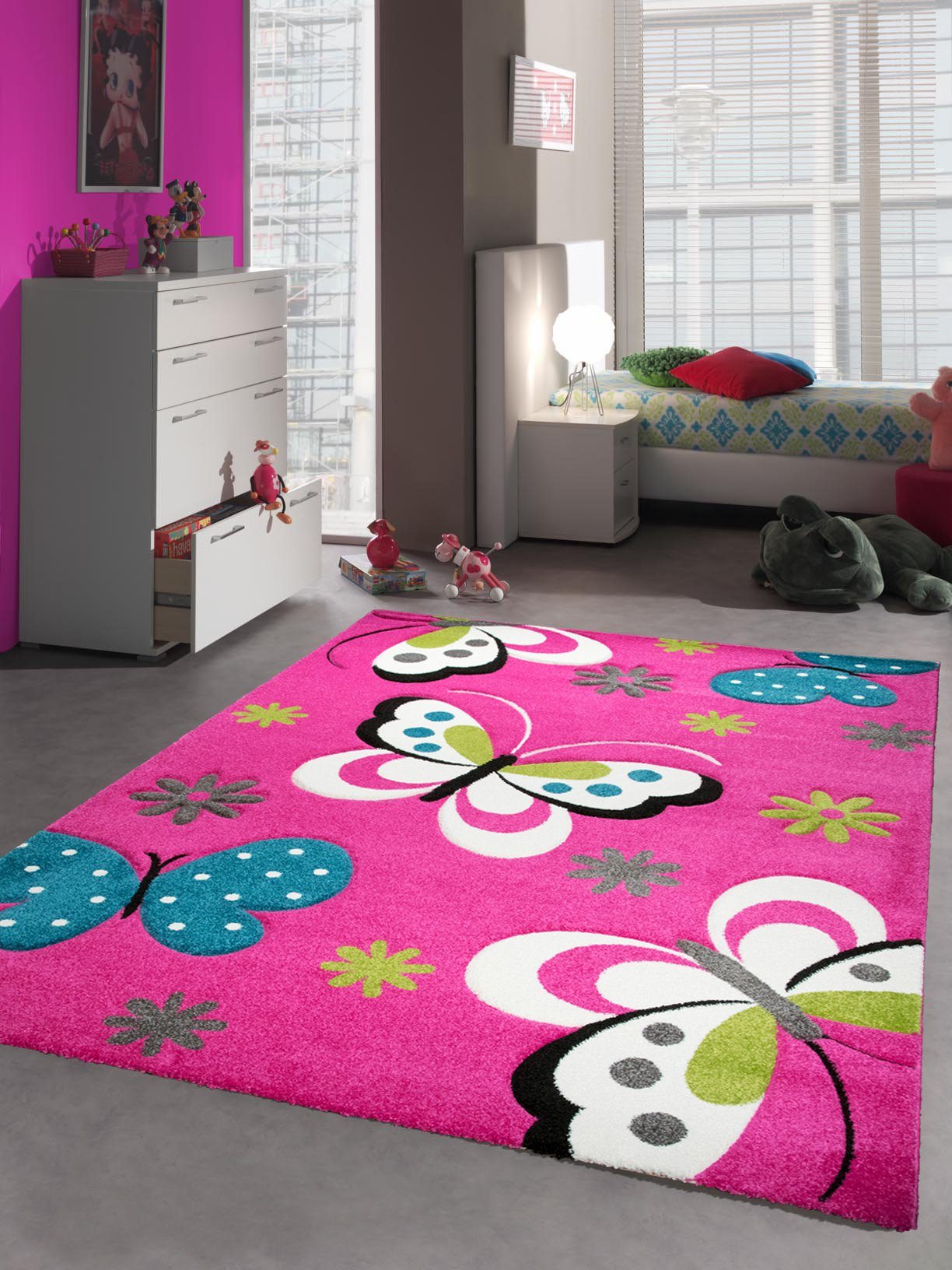 Kinderteppich Kinderteppich Spielteppich Schmetterling Design Pink Türkis  Grau Grün Creme, Teppich-Traum, rechteckig, Höhe: 13 mm