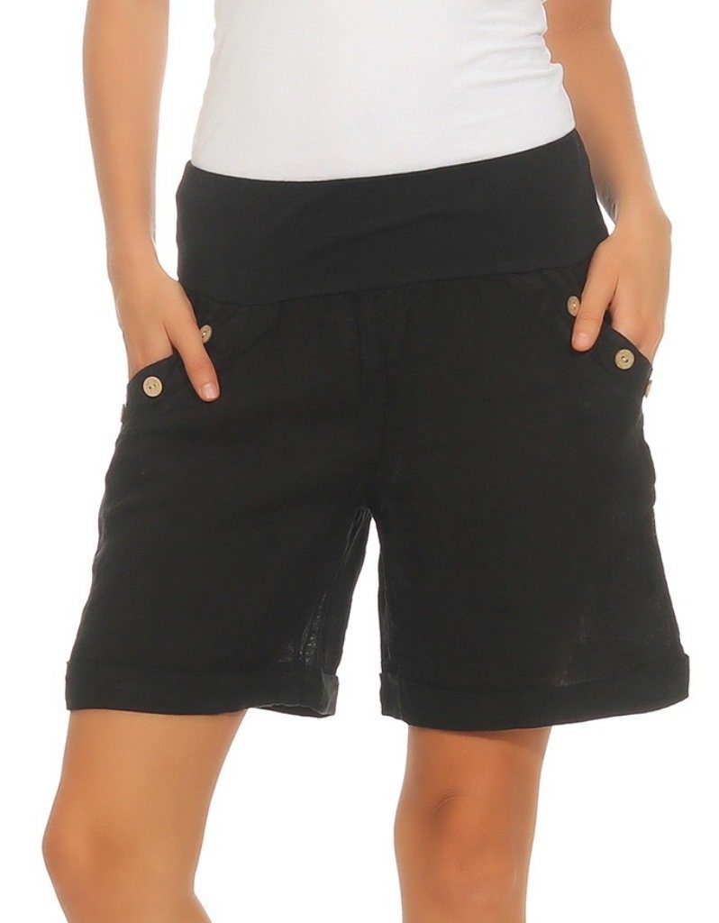 Leinen mit Unifarbe Mississhop Leinenhose Leinenshorts Bermuda 280 Hose % kurze 100 elastischem Shorts Schwarz Bund, in Damen