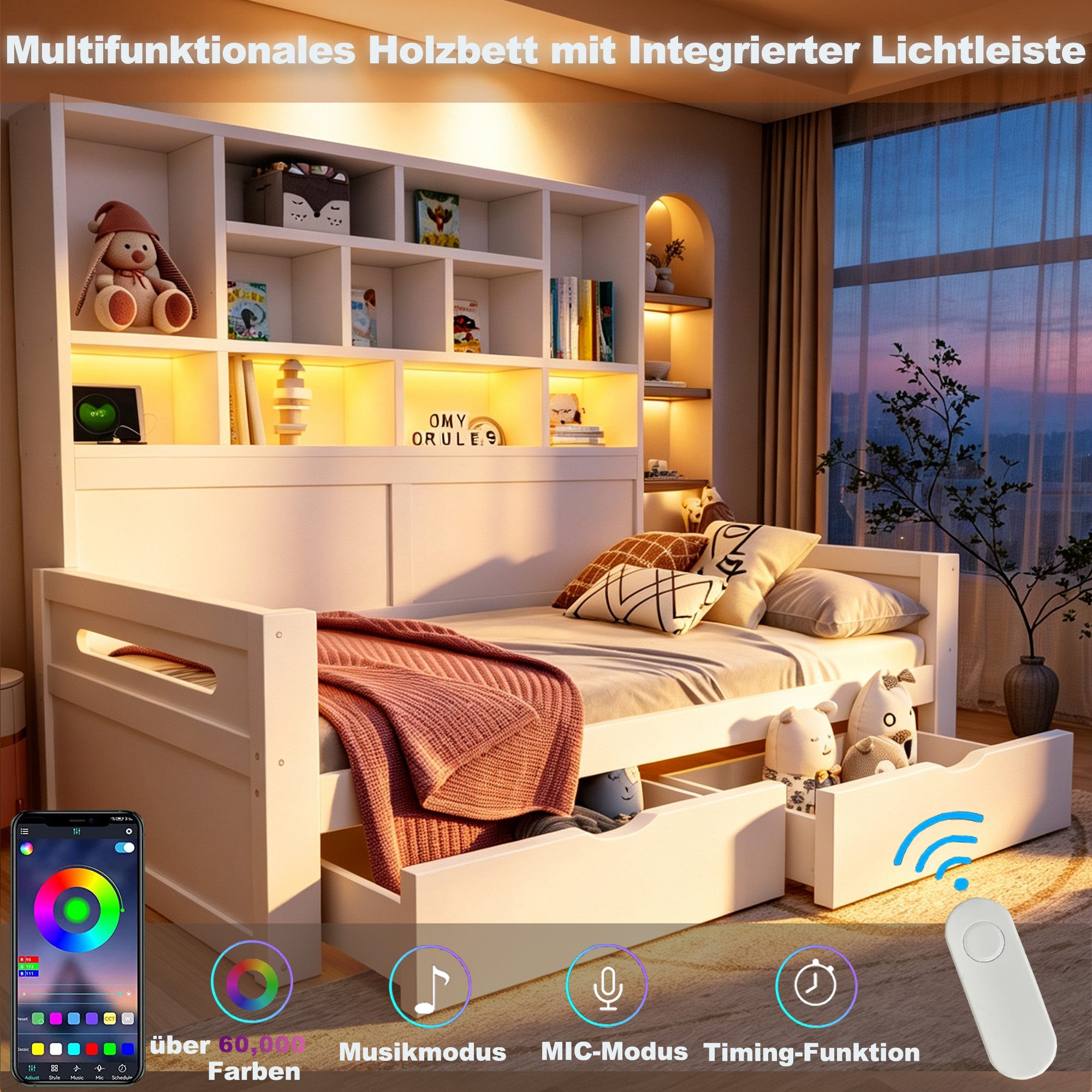Flieks Holzbett mit vielem Stauraum, Daybett Kinderbett 90x200cm mit LED-Leiste, Aufladen, 2 Schubladen – Bild 4 von 5