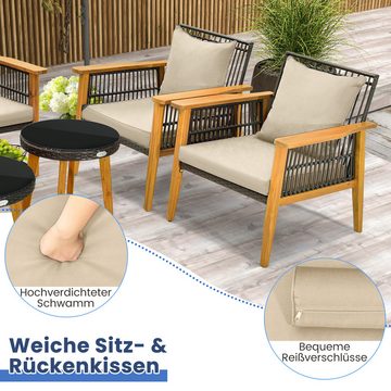 COSTWAY Balkonset, 5 teilig, 4 Personen, aus Rattan & Akazienholz, mit Kissen