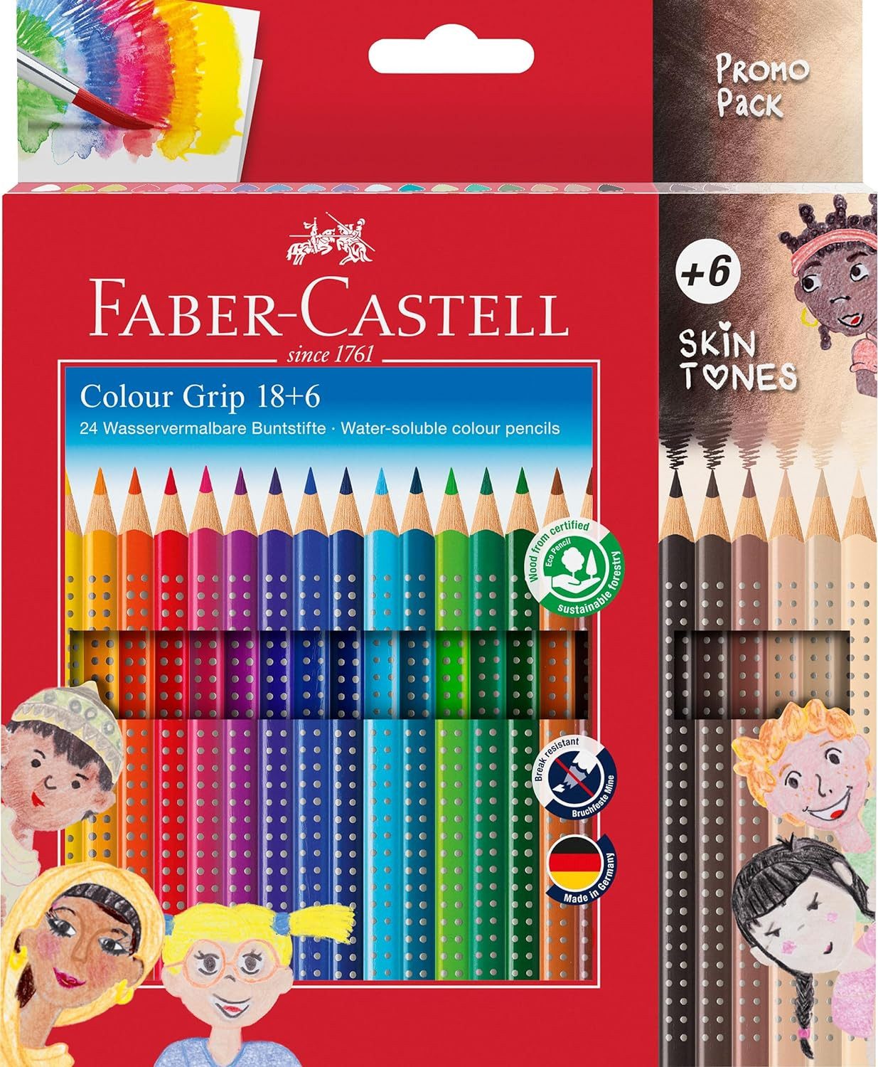 Faber-Castell Buntstift Colour Grip, Set aus 18 Standardfarben und 6 Hauttöne