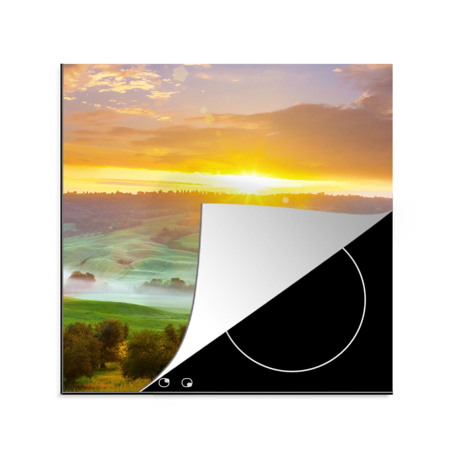 MuchoWow Herdblende-/Abdeckplatte Nebel - Sonne - Natur - Toskana, Vinyl, (1 tlg), 78x78 cm, Ceranfeldabdeckung, Arbeitsplatte für küche