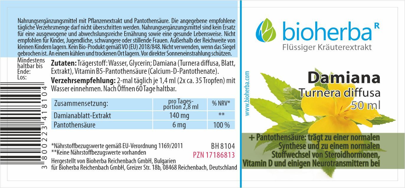 BIOHERBA R Damiana Turnera diffusa Tropfen Tinktur 50 ml Nahrungsergänzungsmittel