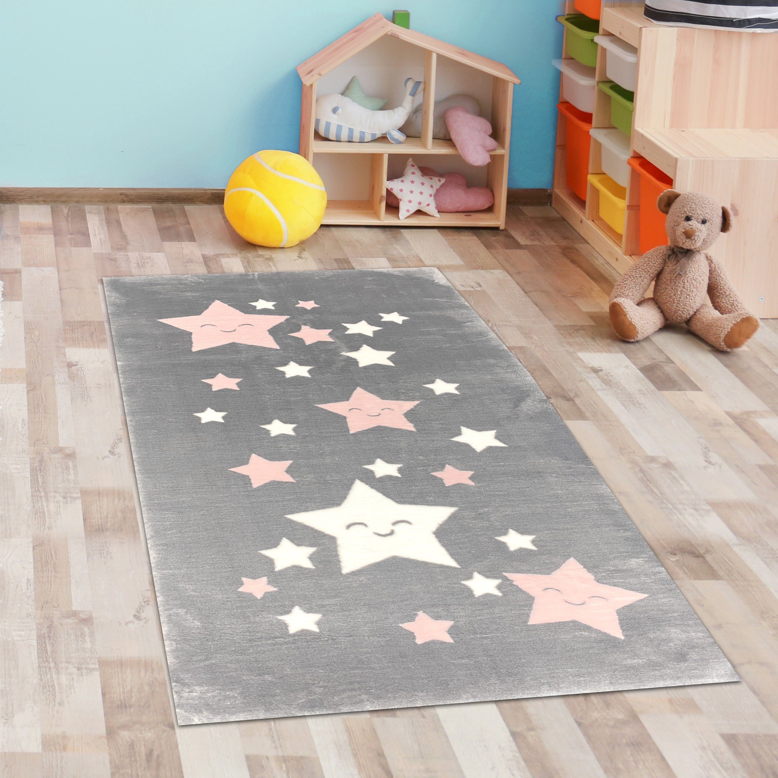 Carpetia Kinderteppich Teppich Mädchen Sterne flauschig in anthrazit, rosa günstig online kaufen