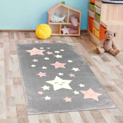 Kinderteppich Teppich Mädchen Sterne flauschig in anthrazit, rosa weiß, Carpetia, rechteckig
