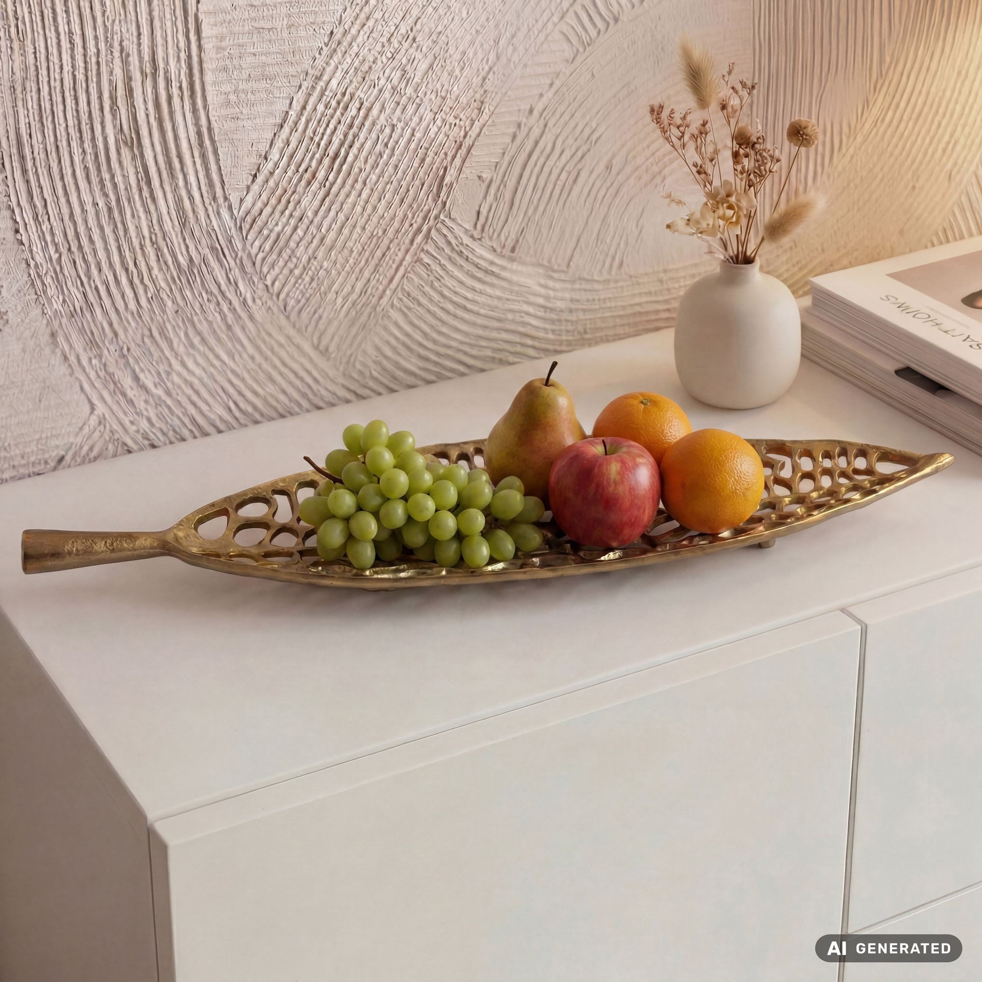 FINEBUY Obstschale FB85127 Früchteschale Gold Aluminium 63cm Dekoschale Obstkorb Metall, Aluminium, (Leaf Früchteschale für deine heimische Küche), Stabile Schale in toller Blattform
