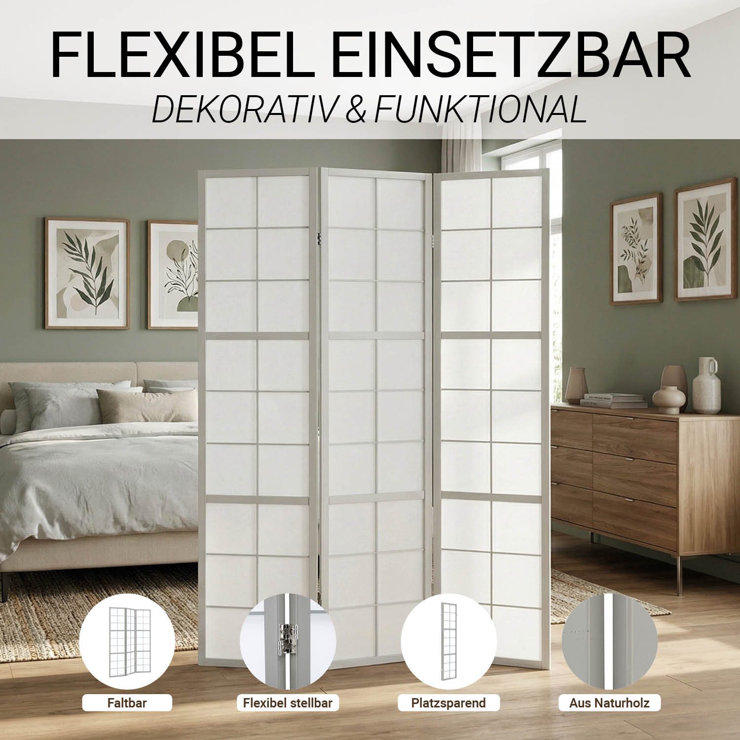 Homestyle4u Paravent Raumteiler 3-6 teilig Shoji Holz Grau Trennwand Sichtschutz (3-teilig), faltbar