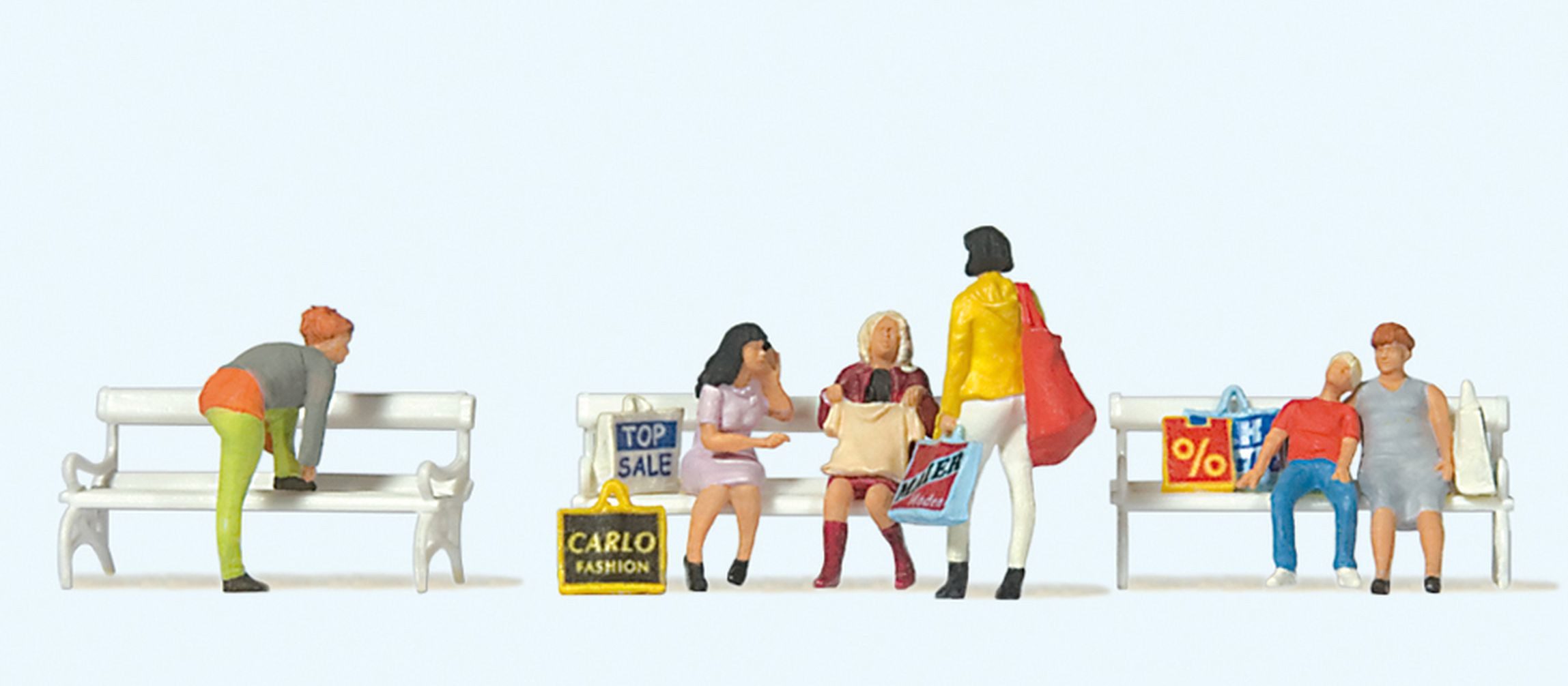 Preiser Sammelfigur Einkaufende auf der Parkbank PRE10738, Made in Europe