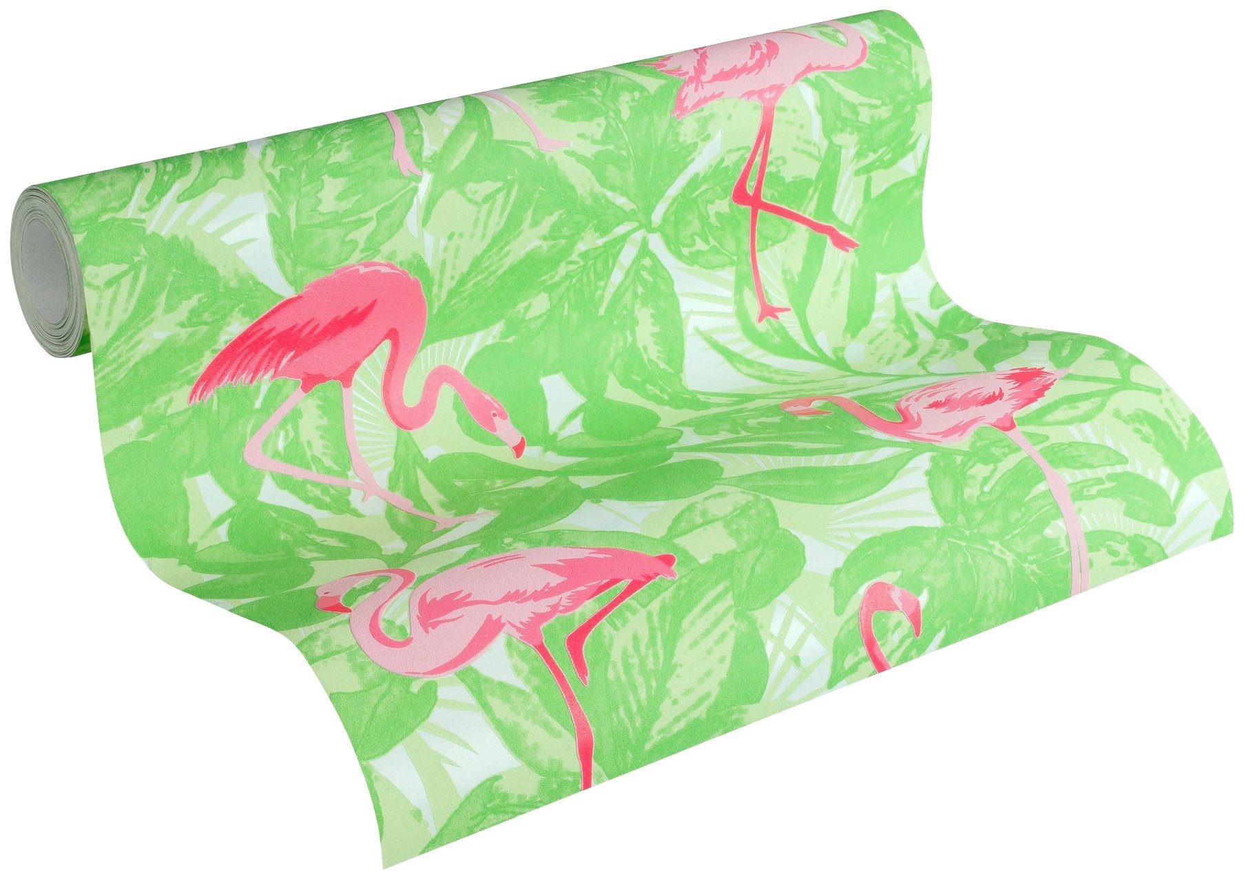 A.S. Création bunt/grün & floral, Girls Boys Tapete 6 Tiere Vliestapete mit strukturiert, Flamingos