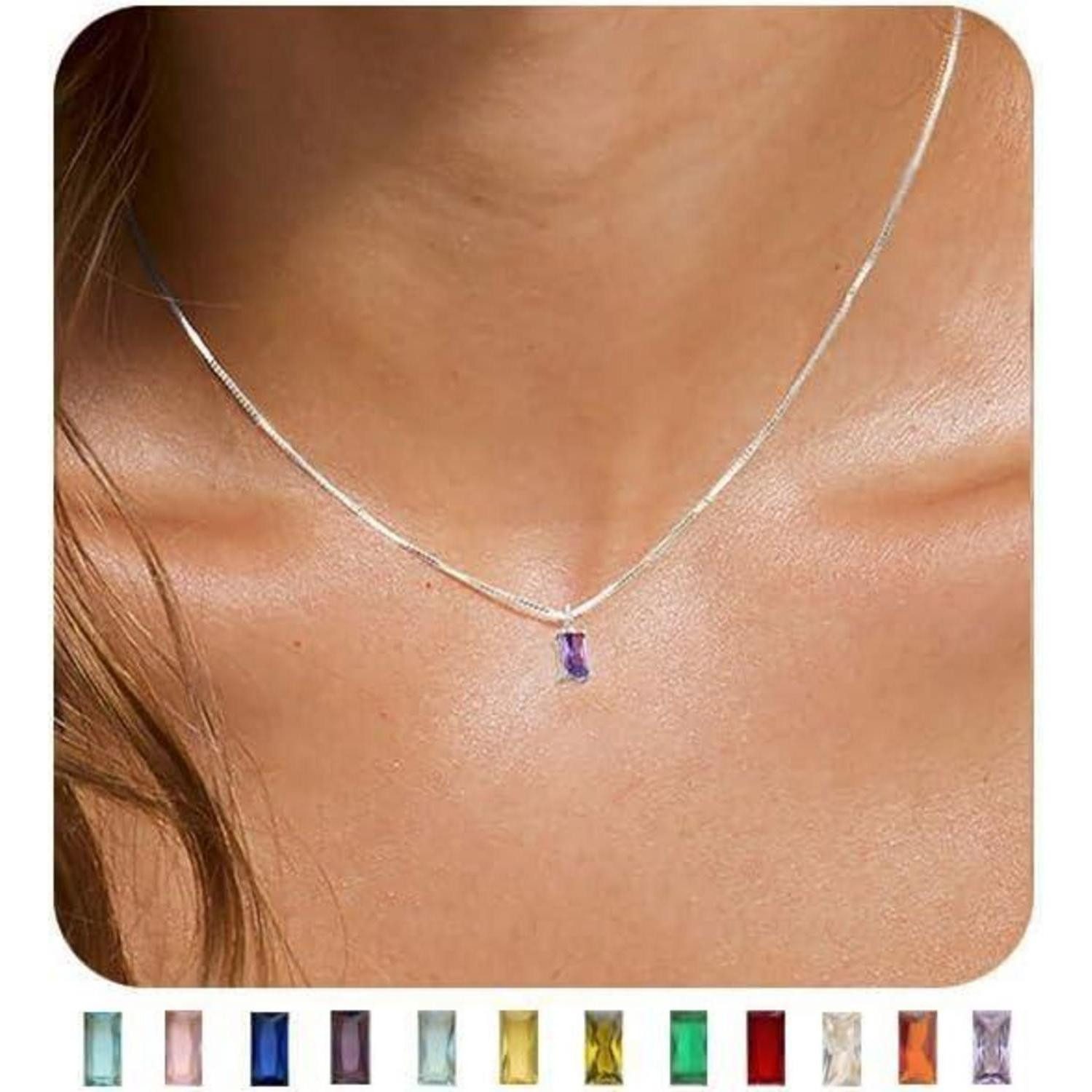 LuxusKollektion Kette mit Anhänger Kette Damen 14K vergoldet 925 Silber Geburtsstein Silber 02 Februar