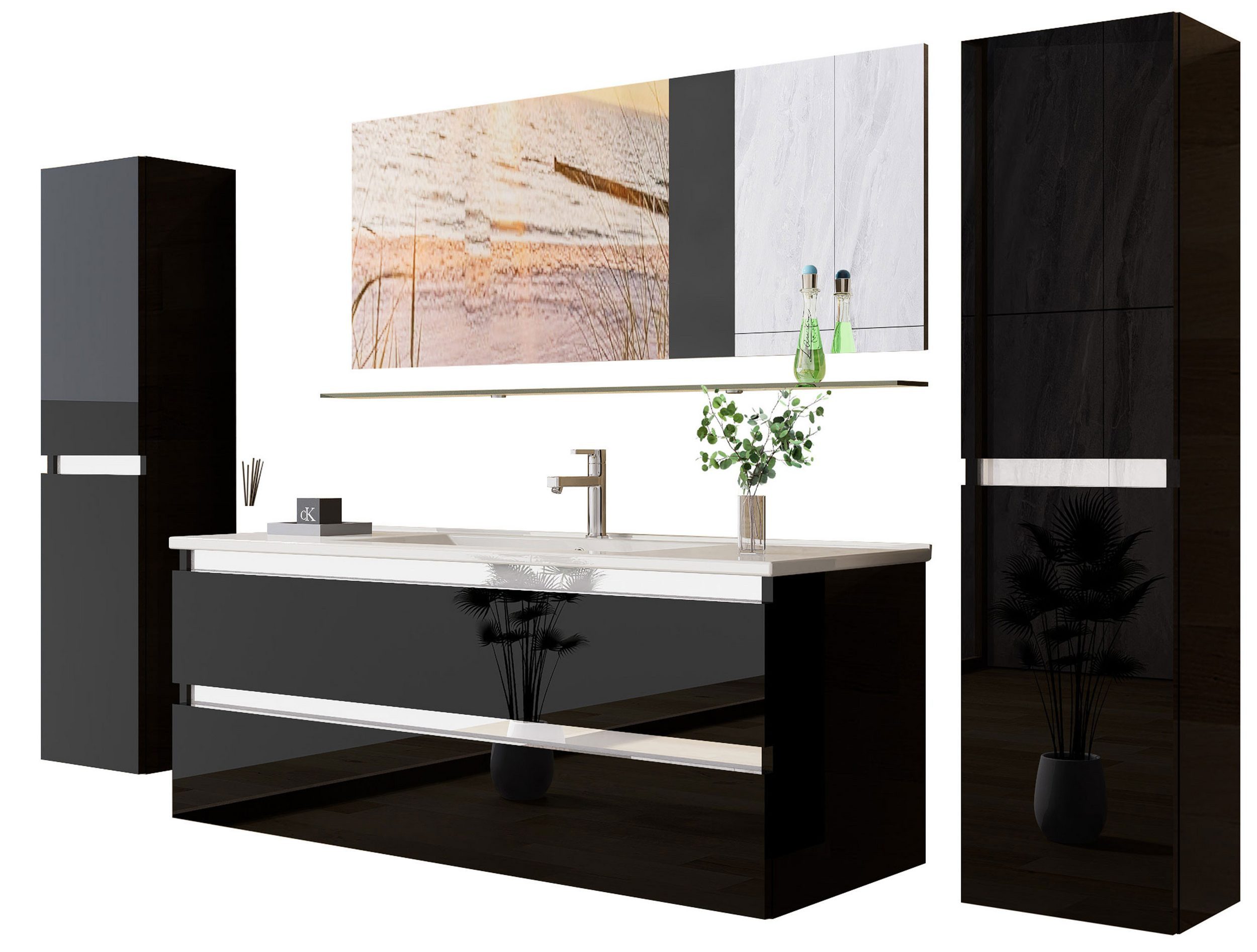 Homeline Badmöbel-Set Deniz und Marcel New in 3 Größen Hochglanz Badmöbel, (Komplettes Badmöbel Set, 6-St., Badmöbel Weiß Hochglanz bis 6 Teilig Badezimmermöbel), Hochglanz Optik Mit 2 Schubladen