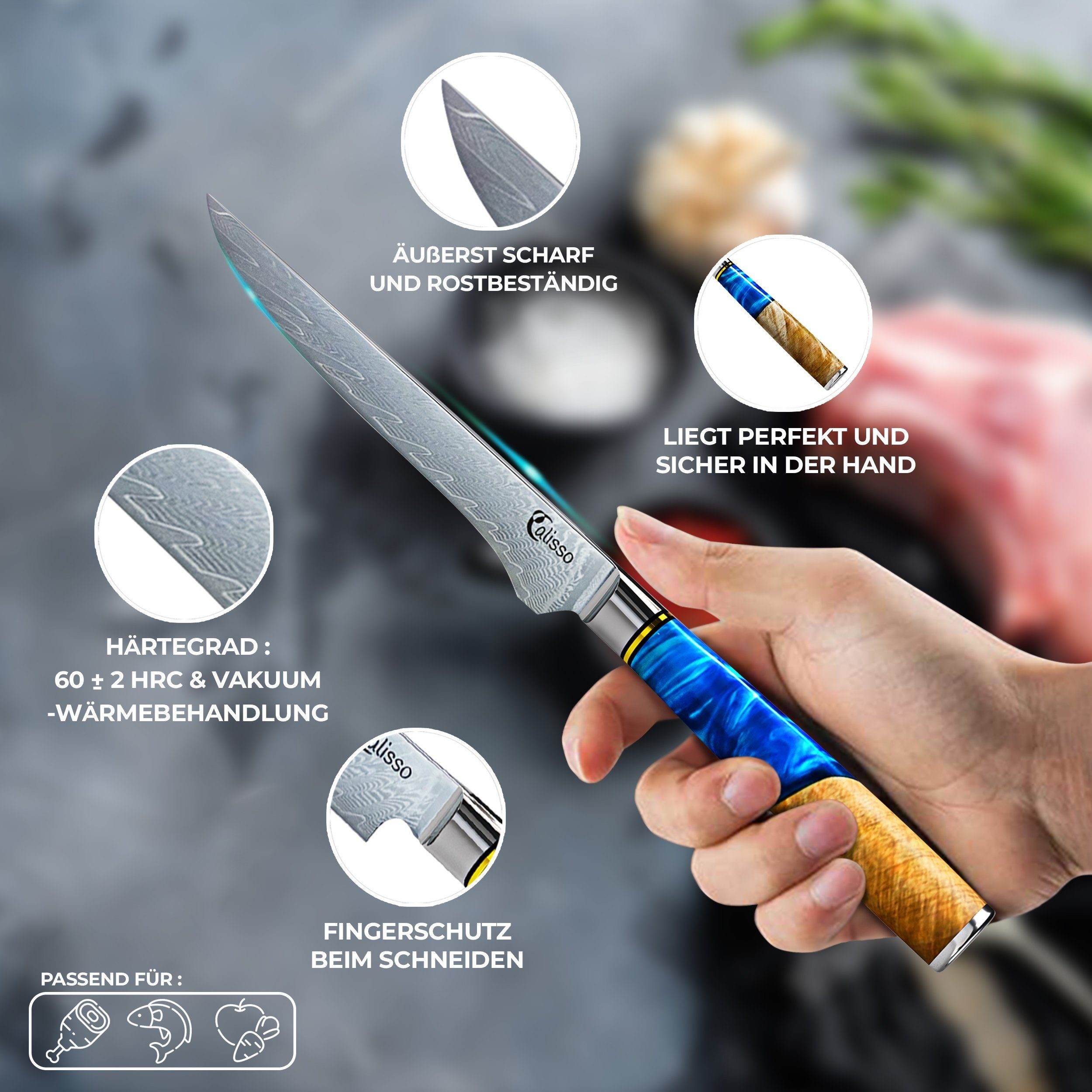 Calisso Filetiermesser Ausbeinmesser Aquamarine Line, Damastmesser