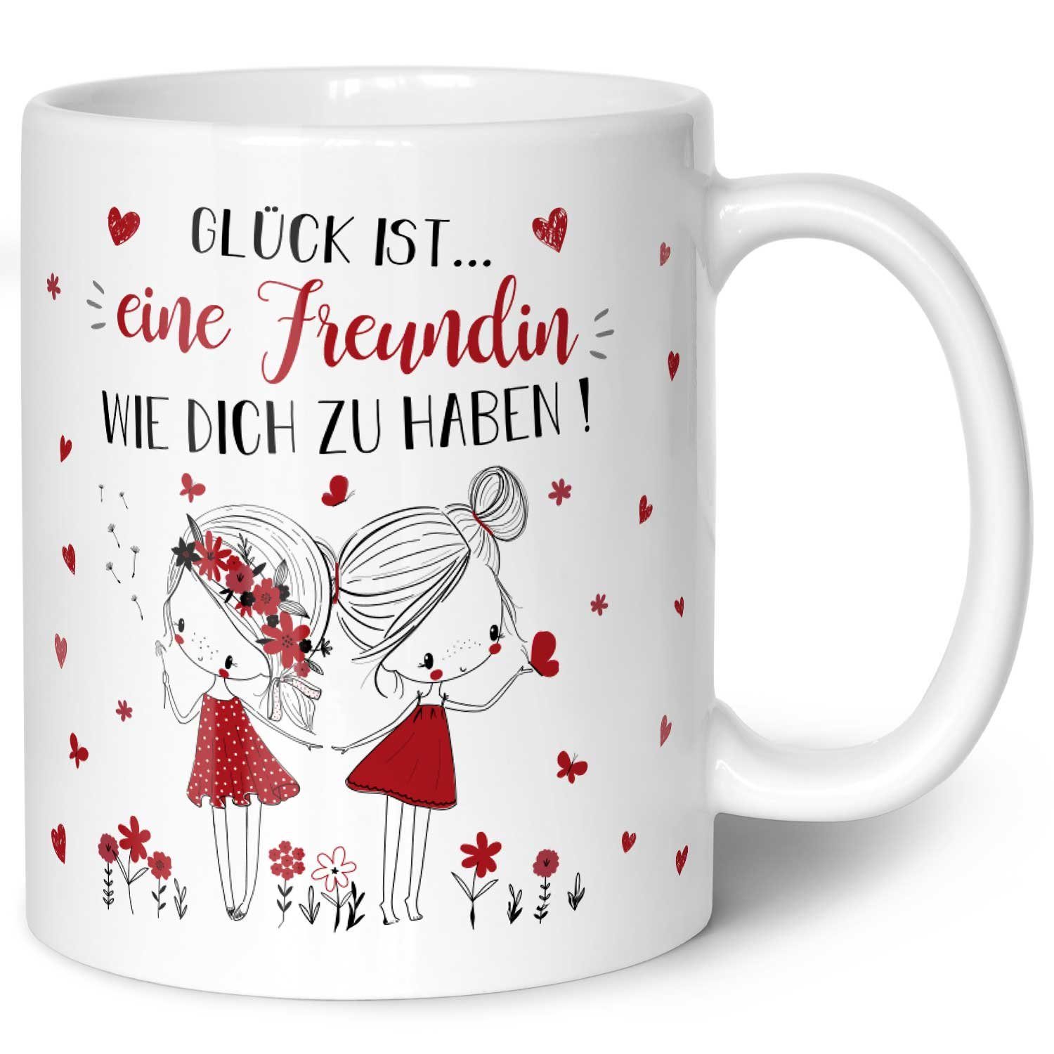 GRAVURZEILE Tasse mit Spruch Glück ist eine Freundin, - Persönliches Geschenk für Freundinnen - Weiß