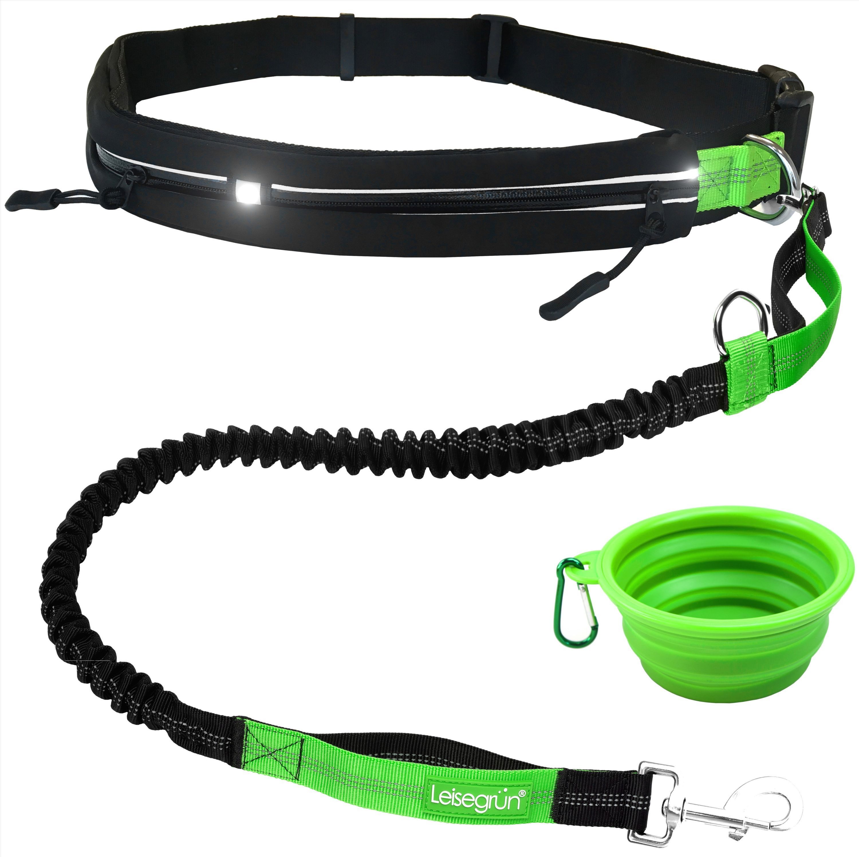 Leisegrün Joggingleine mit Bauchgurt für große Hunde bis 60 kg, elastisch, Nylon, Laufleine, Freihandleine, Ruckdämpfer, reflektierend, 2 Taschen