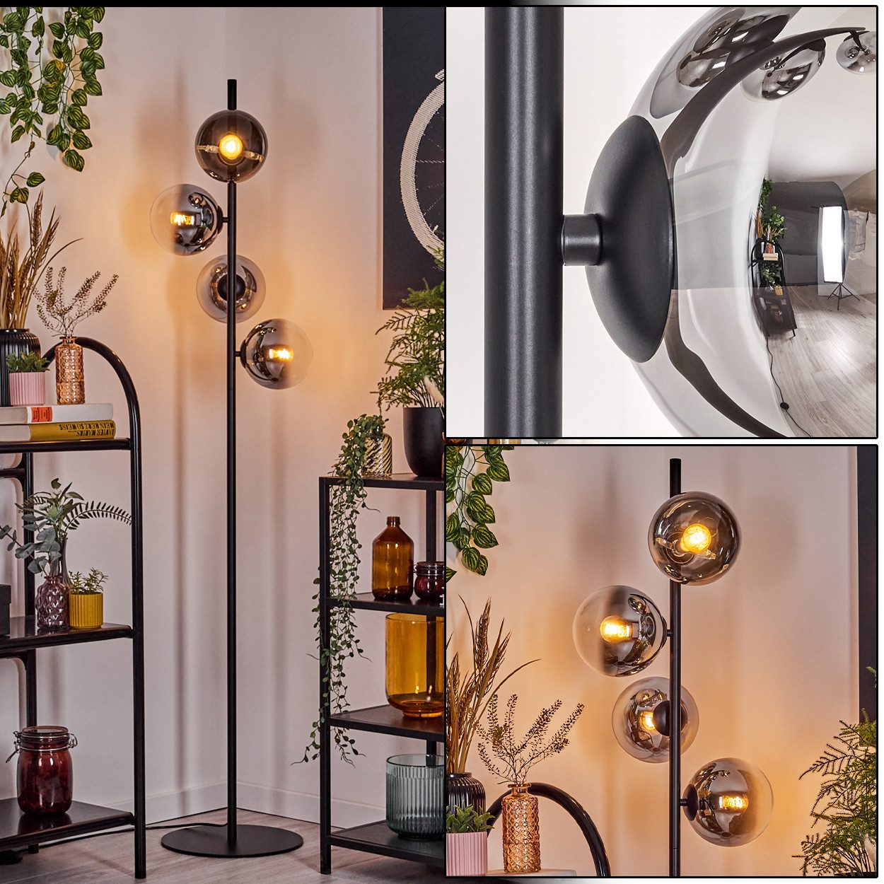 Stehlampe Stehlampe aus Metall/Glas in Schwarz/Chrom/Rauch/Klar mit Fußschalter