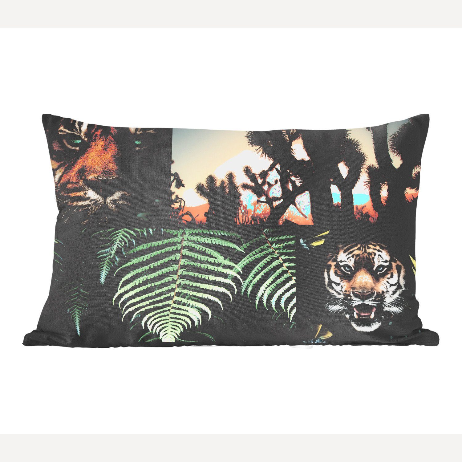 MuchoWow Dekokissen Collage - Tiger - Pflanzen - Sonnenuntergang, Wohzimmer Dekoration, Zierkissen, Dekokissen mit Füllung, Schlafzimmer