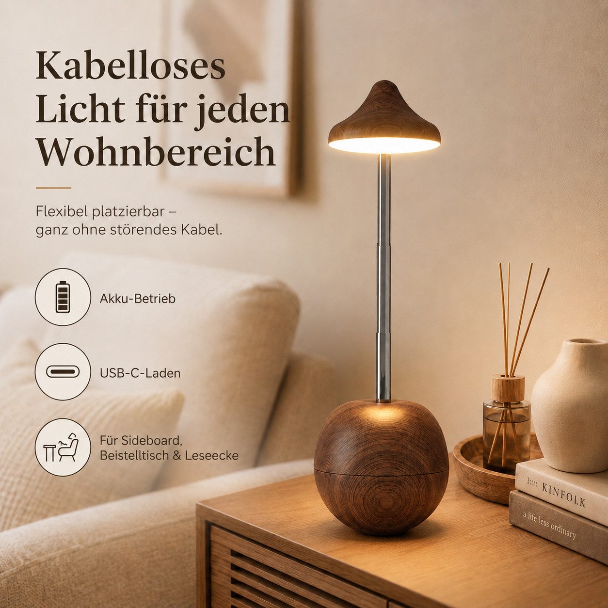 Tekoo LED Nachttischlampe LED Tischleuchte Walnuss-Optik Akku dimmbar RGB Nachttischlampe Holz, LED fest integriert, Warmweiß, Neutralweiß, Kaltweiß, RGB, RGB-Farbwechsel, dimmbar, teleskopierbar, Stehaufmännchen-Funktion