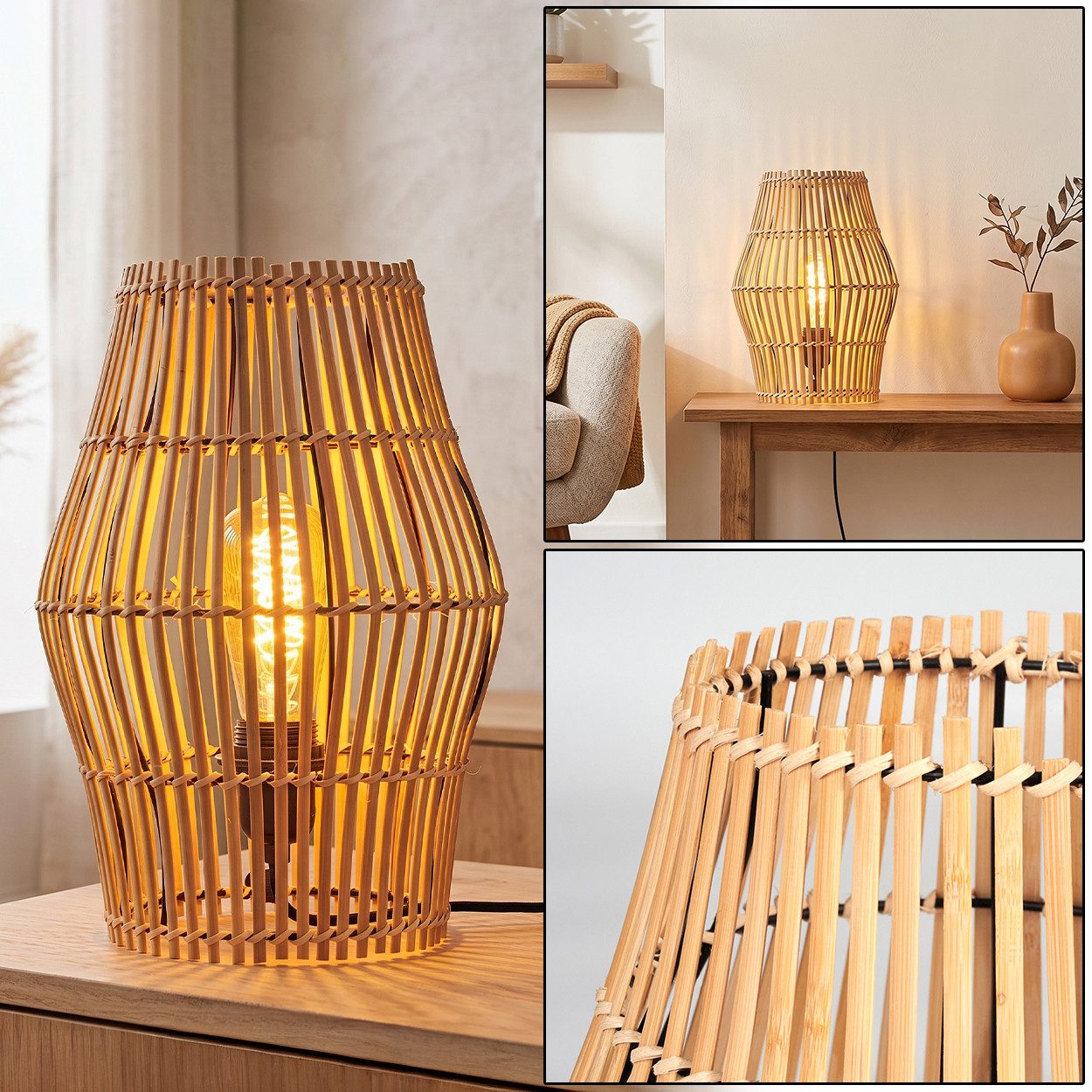 hofstein Tischleuchte Tischlampe aus Metall/Bambus in Schwarz/Naturfarben, ohne Leuchtmittel, Tischleuchte im Boho-Design, Lichteffekt, Schalter am Kabel, 32cm, E27