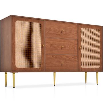 Flieks Kommode, Sideboard 3 Schubladen 2 Türen Rattan Nussbaum 150x40x90cm