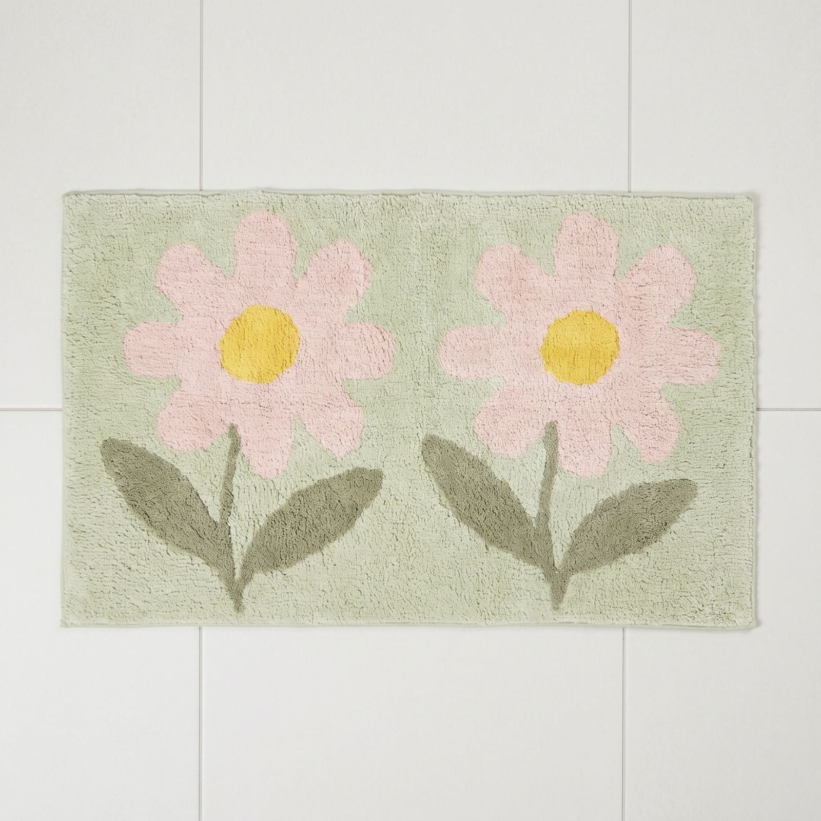 Homescapes Badematte Badematte Blumen 50x80 cm - Badteppich aus Baumwolle, grün-rosa, Höhe 10 mm, 50 x 80 cm