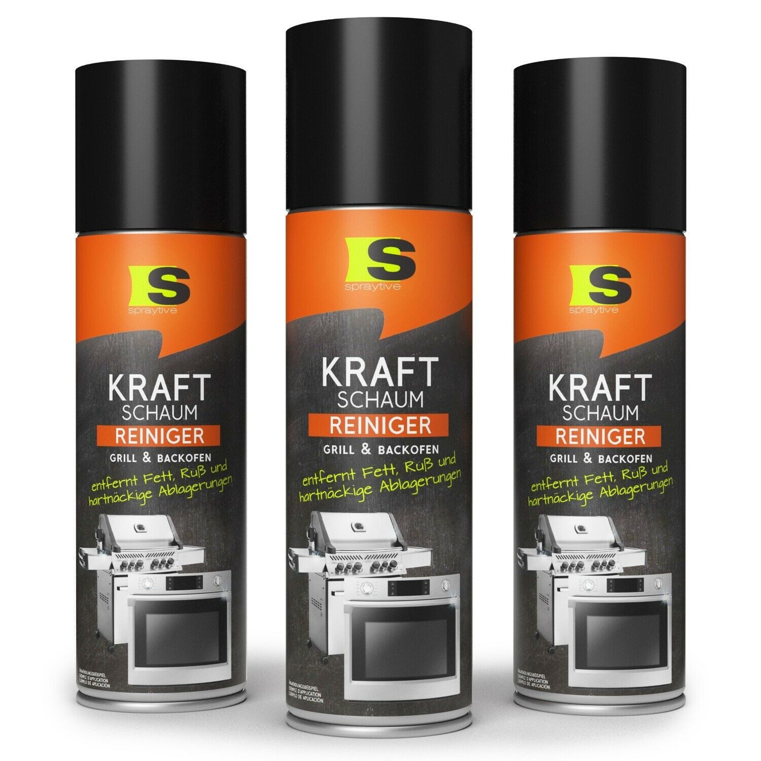 Spraytive 3x 500ml Reinigungsspray Backofen & Grillreiniger – Kraftschaum-Spray Backofenreiniger (Made in Germany)