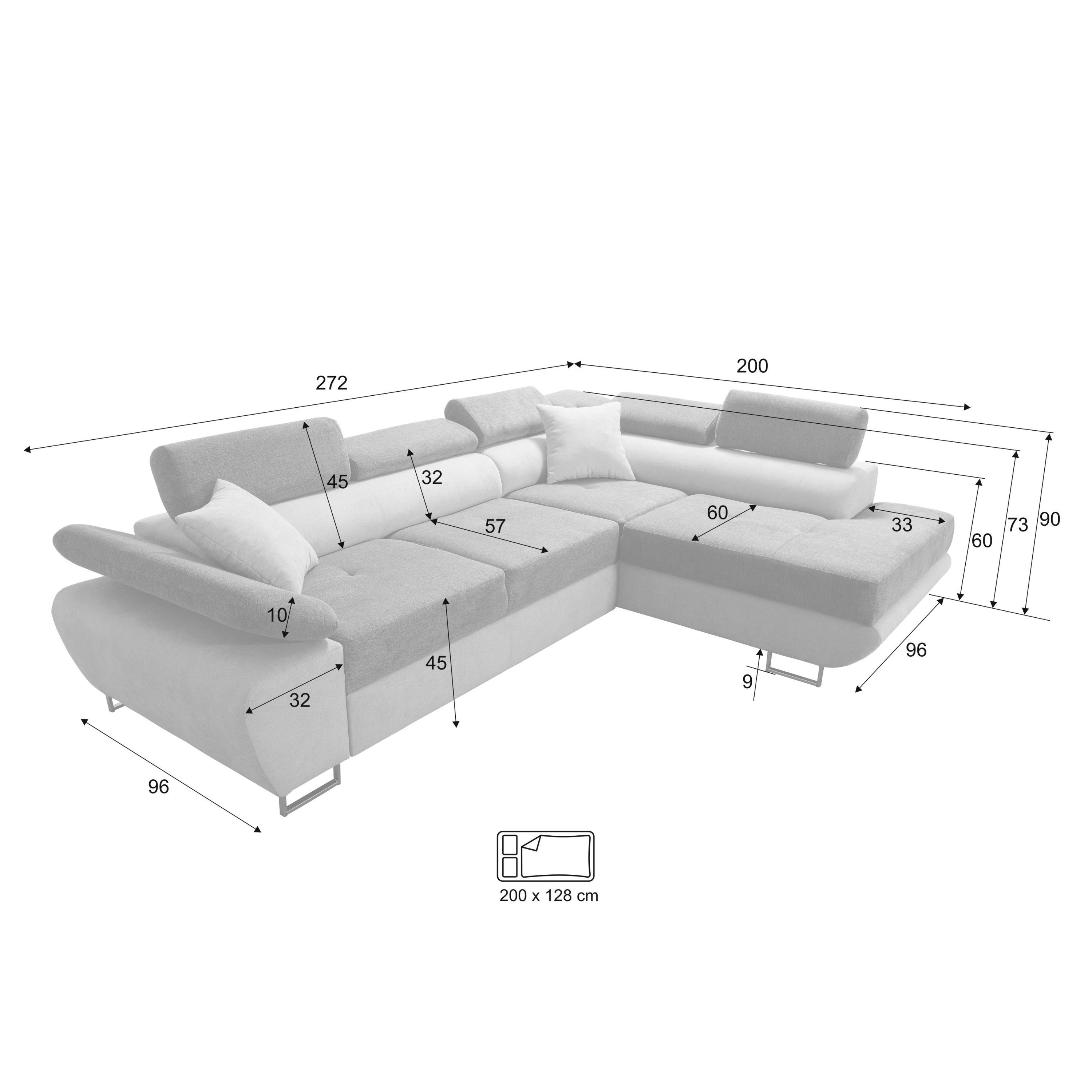 SILVER+ANTHRACITE Schlaffunktion Ecksofa Wenus Premium robin Kopfstützen Verstellbare Bettkasten Sofa