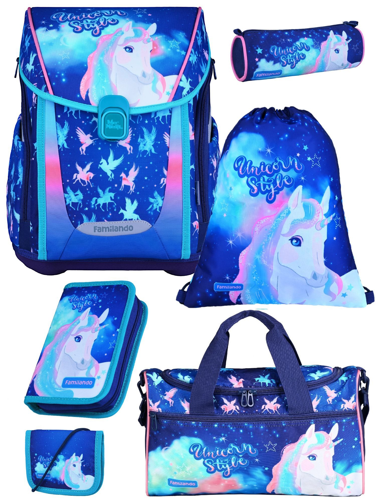 Familando Schulranzen Unicorn Einhorn Schultasche, Pferde, blau, rosa, ab 1. Klasse (Set, 6-tlg., inkl. Federmäppchen und Sporttasche), mit Brustgurt, 1.000 Gramm leicht, 20L Volumen