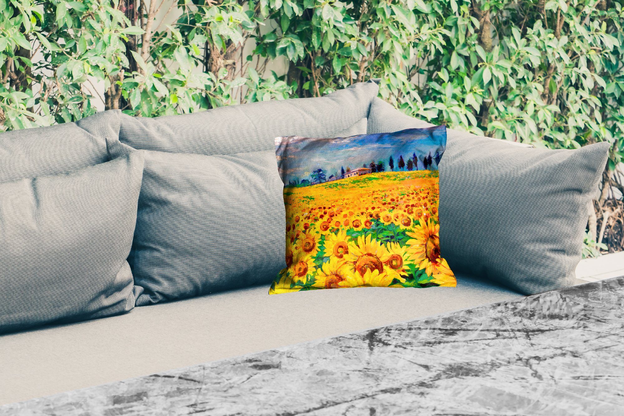MuchoWow Dekokissen Blumen - Outdoor Kissenhülle, Gemälde - - Sonnenblume, Ölfarbe Dekokissenbezug, Dekokissen, Kissenbezüge
