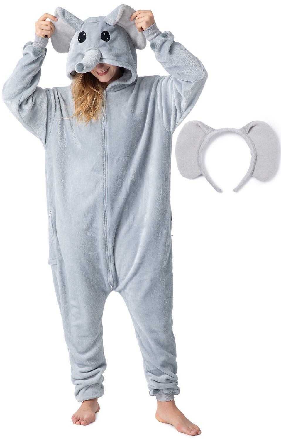Corimori Partyanzug Onesie Elefant Erwachsene Overall Größen 150-190cm, Jumpsuit, Pyjama, Fasching, Kigurumi, Tierkostüme, Elefant "Nuru"
