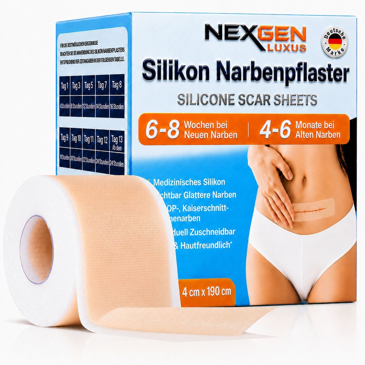 NEXGEN LUXUS SCHÖNHEIT & HAUTPFLEGE Wundpflaster Silikon Narbenpflaster Silicone Scar Sheets Scar Tape (4 cm x 190 cm), Deutsche Marke. Alte & Neue Narben, Hautfreundlich, Wiederverwendbar